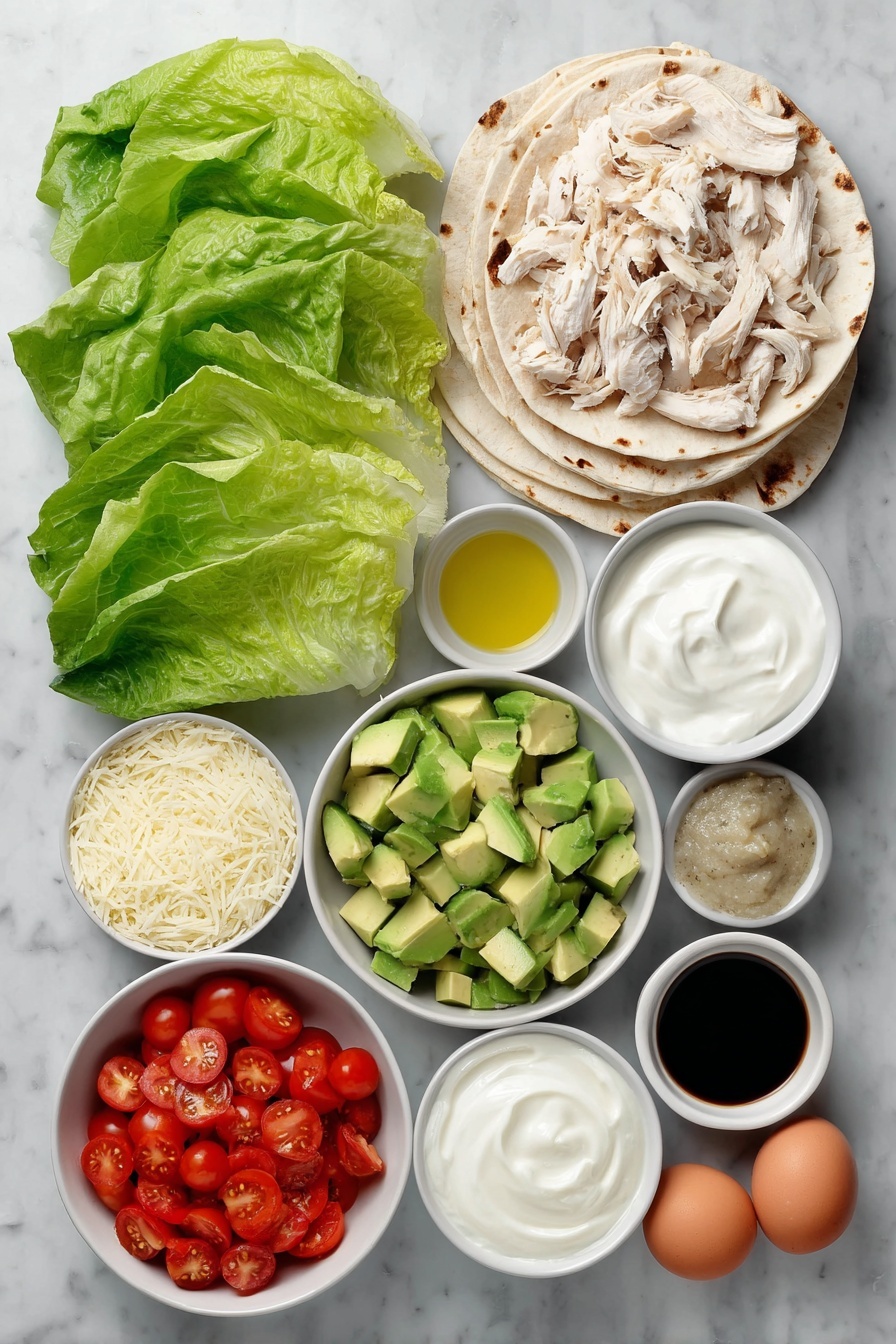 Flat lay of chopped rotisserie chicken piled neatly, fresh vibrant romaine lettuce leaves loosely stacked, a small white ceramic bowl filled with halved glossy grape tomatoes, a white ceramic bowl holding finely shredded pale parmesan cheese, diced creamy green avocado pieces arranged in a small white bowl, whole uncut white flour tortillas stacked in a neat row, a small white ceramic bowl of smooth plain Greek yogurt, another small bowl with creamy mayonnaise, a small white bowl containing golden olive oil, a tiny white bowl with a smooth anchovy paste, a small bowl with fresh lemon wedges, a tiny bowl with dark Worcestershire sauce, a small bowl of smooth Dijon mustard, minced fresh garlic clove in a tiny white bowl, and whole uncracked brown eggs placed apart for balance, all arranged with perfect symmetry and realistic proportions, placed on a clean white marble surface, soft natural light, photo taken with an iPhone, professional food photography style, fresh ingredients, white ceramic bowls, no bottles, no duplicates, no utensils, no packaging --ar 2:3 --v 7 --p m7354615311229779997