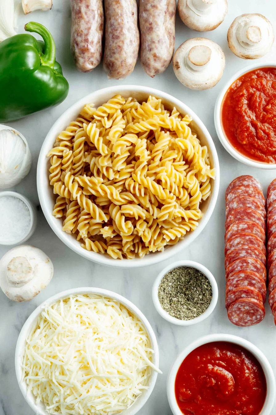 Flat lay of cooked fusilli pasta in a neat mound, a small pile of raw sweet Italian sausage links, a medium whole yellow onion, three whole garlic bulbs with cloves intact, one fresh green bell pepper, whole cremini mushrooms grouped together, a small white ceramic bowl with coarse kosher salt, a small white bowl filled with red pepper flakes, two small white bowls containing dried basil and dried oregano leaves, three small white bowls holding smooth red tomato sauce, a small heap of shredded mozzarella cheese, and a small white bowl with neatly arranged sliced pepperoni, all arranged symmetrically on a clean white marble surface, soft natural light, photo taken with an iPhone, professional food photography style, fresh ingredients, white ceramic bowls, no bottles, no duplicates, no utensils, no packaging --ar 2:3 --v 7 --p m7354615311229779997