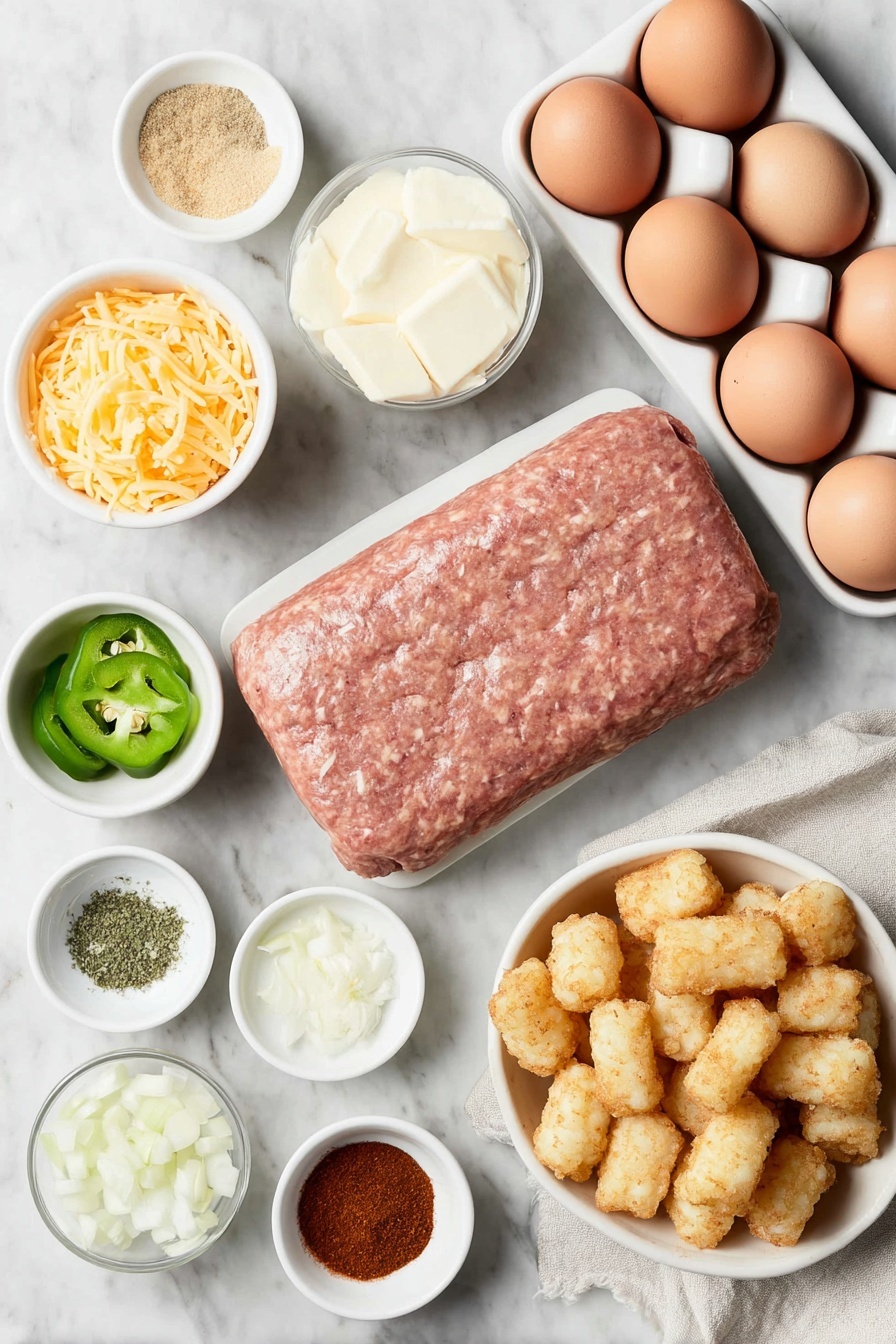 Flat lay of a raw pound of fresh hot bulk pork sausage, a medium white onion diced, one chopped red bell pepper, one chopped green bell pepper, three whole garlic cloves peeled, two small white ceramic bowls each with freshly grated sharp cheddar cheese and pepper Jack cheese, eight whole uncracked brown eggs, a small white bowl with creamy half-and-half, a small white bowl with diced green chilies, a small white bowl with dried parsley, a small white bowl with paprika, a small white bowl with ground mustard, a small white bowl with dried oregano, a small white bowl with salt, a small white bowl with black pepper, a simple white ceramic bowl filled evenly with frozen golden Tater Tots, all ingredients arranged with perfect symmetry and realistic proportions, placed on a clean white marble surface, soft natural light, photo taken with an iPhone, professional food photography style, fresh ingredients, white ceramic bowls, no bottles, no duplicates, no utensils, no packaging --ar 2:3 --v 7 --p m7354615311229779997