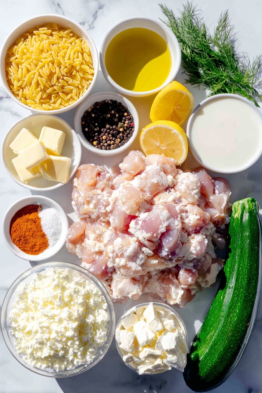Flat lay of fresh, large raw chicken breasts chopped into bite-sized pieces, a small pile of bright orange paprika powder, a small heap of coarse salt crystals, whole black peppercorns scattered nearby, two tablespoons of golden olive oil in a small white ceramic bowl, a small white ceramic bowl with creamy butter cubes, one small white onion peeled and diced, four fresh garlic cloves peeled and minced, uncooked orzo pasta in a neat mound, two medium zucchini with vibrant green skin, grated finely, one lemon cut in half showing juicy pulp and a small white ceramic bowl with bright yellow lemon zest, a small white ceramic bowl filled with smooth evaporated milk, a small white ceramic bowl holding translucent cornstarch powder, a simple white ceramic bowl with rich, low sodium chicken broth, a small white ceramic bowl with crumbled chicken bouillon cube, a small white ceramic bowl of shredded white mozzarella cheese, a small white ceramic bowl of crumbled white feta cheese, fresh green basil leaves scattered neatly, a small bunch of fresh dill, and a small bunch of fresh curly parsley, all arranged symmetrically and balanced on a clean white marble surface, soft natural light, photo taken with an iPhone, professional food photography style, fresh ingredients, white ceramic bowls, no bottles, no duplicates, no utensils, no packaging --ar 2:3 --v 7 --p m7354615311229779997