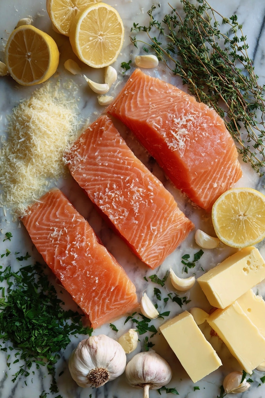 Garlic Butter Salmon - Flat lay of fresh pink salmon fillets with their smooth, slightly shiny surface, scattered bright green chopped parsley leaves, whole garlic cloves with their papery white skins and creamy texture, rich golden butter blocks melting slightly at the edges, wedges of lemon with juicy yellow pulp and shiny rinds, a small pile of grated Parmesan cheese with its fine, crumbly texture, and a few sprigs of fresh thyme with tiny green leaves, all beautifully arranged with natural spacing and gentle overlapping, placed on white marbled surface, photo taken with an iphone --ar 2:3 --v 7