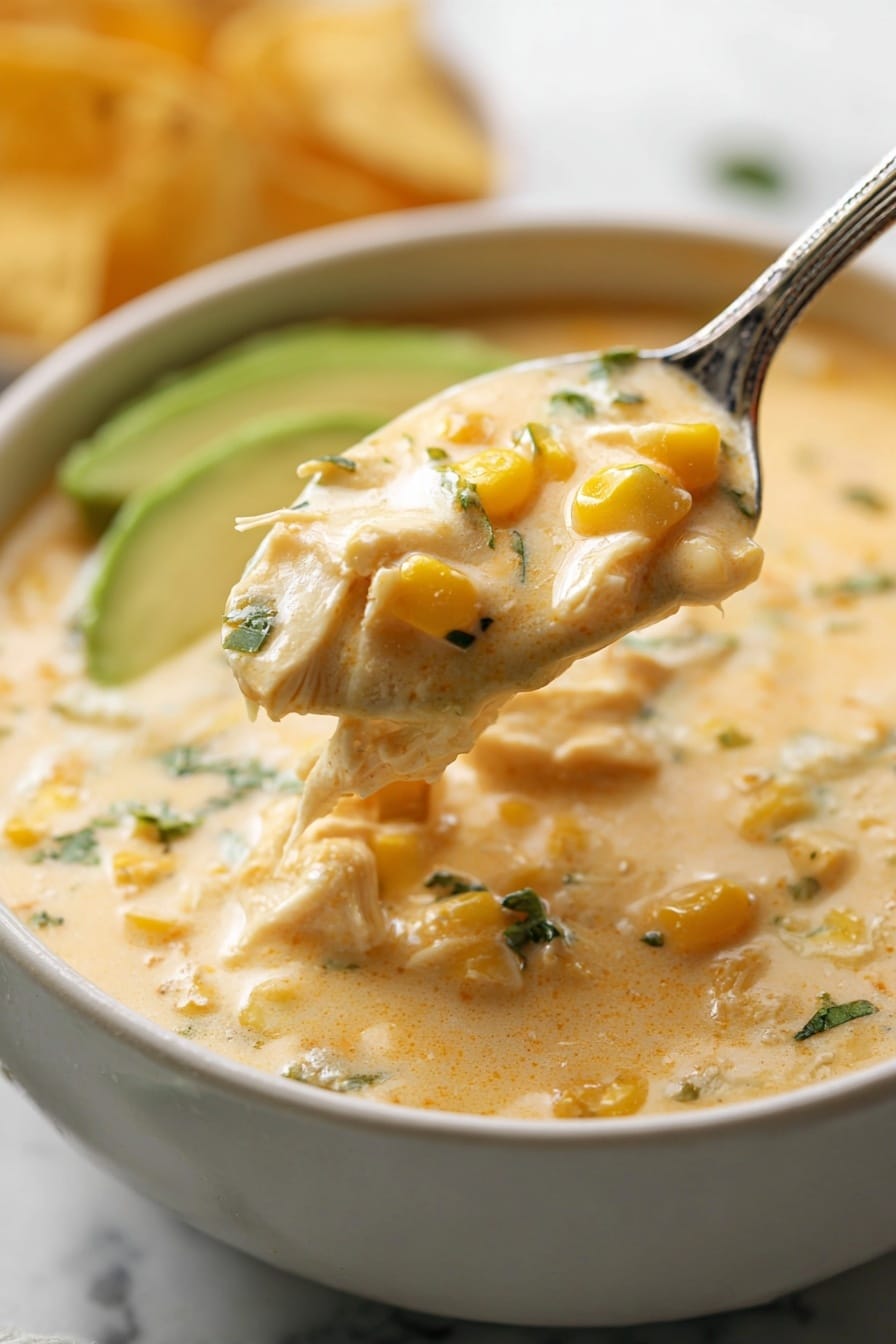 White Chicken Chili - A close-up image shows a spoonful of creamy soup held above a white bowl filled with the same creamy soup. The soup is thick and light orange in color with visible chunks of yellow corn and small pieces of green herbs. There are pieces of white chicken meat in the soup, covered in the sauce. In the background, slices of bright green avocado and some tortilla chips can be seen partially inside the bowl. The surface under the bowl has a white marbled texture. photo taken with an iphone --ar 2:3 --v 7