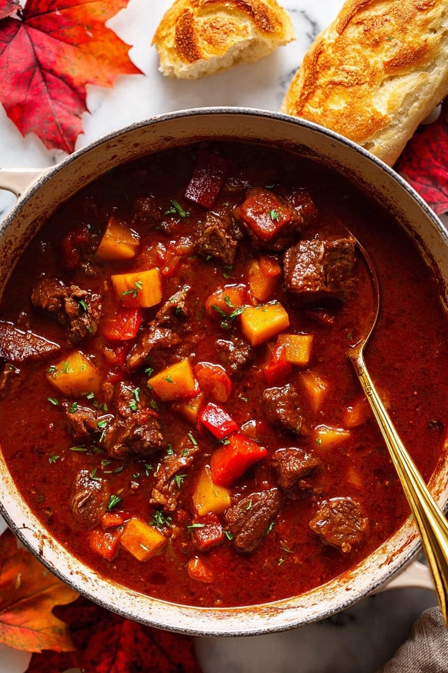 Hungarian Beef Goulash - A large white pot filled with rich brown stew that has a thick, glossy texture. Floating in the stew are several chunks of dark brown meat and medium-sized pieces of carrots, light orange in color. There are small bits of green herbs sprinkled on top, adding contrast, and a bronze ladle is scooping up some stew, showing the mix of meat, carrots, and sauce in detail. The stew looks hearty and well-cooked, set against a white marbled surface. Photo taken with an iphone --ar 2:3 --v 7