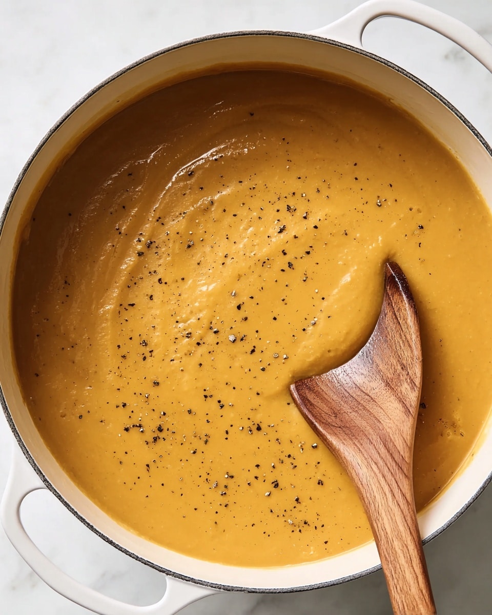 butternut squash soup - A large white pot filled with smooth, thick, light brown soup with a creamy texture, evenly spread with small black pepper specks scattered on the surface; a wooden spoon with a natural grain lies in the pot, partly submerged and angled slightly to the right, mixing the soup gently; the pot sits on a white marbled surface that adds brightness to the image. photo taken with an iphone --ar 2:3 --v 7