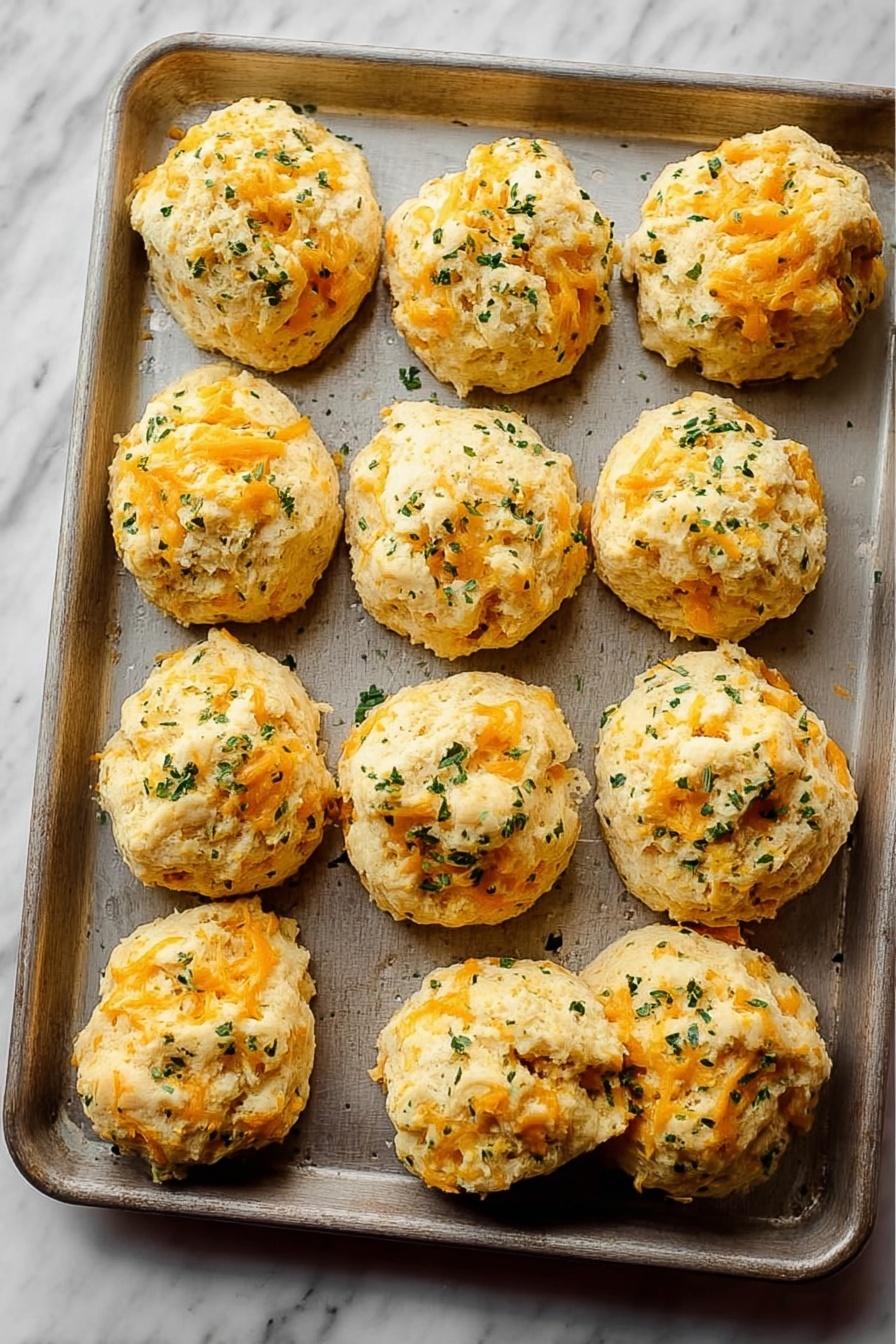 A gray baking tray holds twelve unevenly round biscuits, each biscuit made up of creamy light yellow dough mixed with bright orange cheese shreds and sprinkled with small green herb bits on top. The biscuits have a rough, bumpy texture that looks soft and slightly moist. The tray sits on a white marbled surface, adding a clean and simple background. The biscuits are arranged in a loose grid pattern with some space between them, showing their irregular shapes and sizes clearly. Photo taken with an iphone --ar 2:3 --v 7