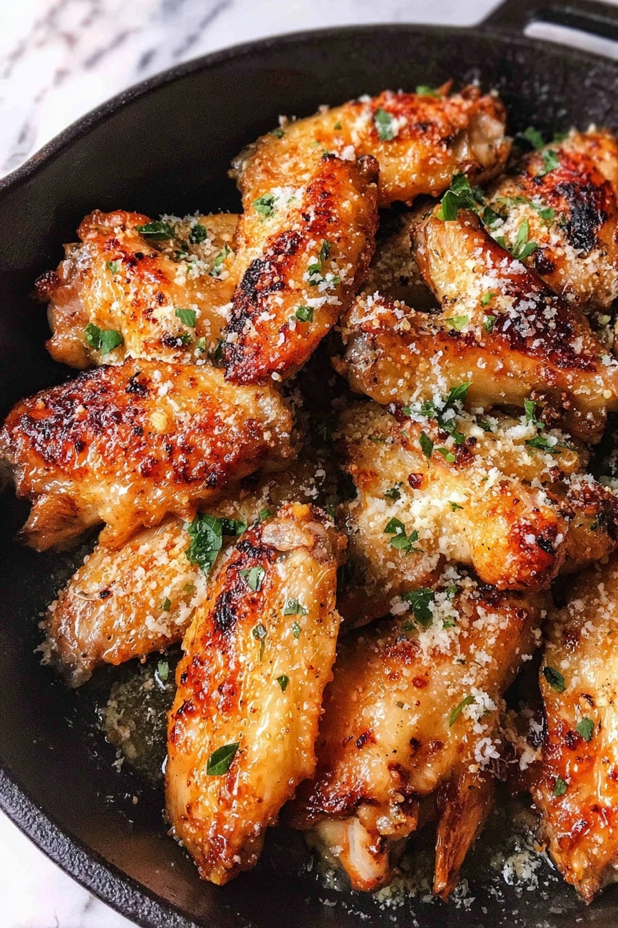 A black cast iron pan filled with several pieces of golden-brown cooked chicken wings, each wing covered with a light sprinkling of grated cheese and small green herb leaves. The chicken pieces show a crispy texture with some darker, charred spots and a shiny, slightly oily glaze. The background is a white marbled surface. photo taken with an iphone --ar 2:3 --v 7