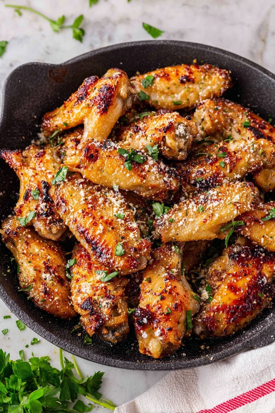 A black cast iron pan full of golden brown, crispy chicken wings with a light sprinkle of grated cheese and small green herb leaves on top. The wings show a mix of browned, slightly charred skin and tender white meat. They are stacked close together, filling the pan. Around the pan is a white marbled surface, with some green herb leaves scattered and a white cloth with red stripes near the bottom right corner. photo taken with an iphone --ar 2:3 --v 7