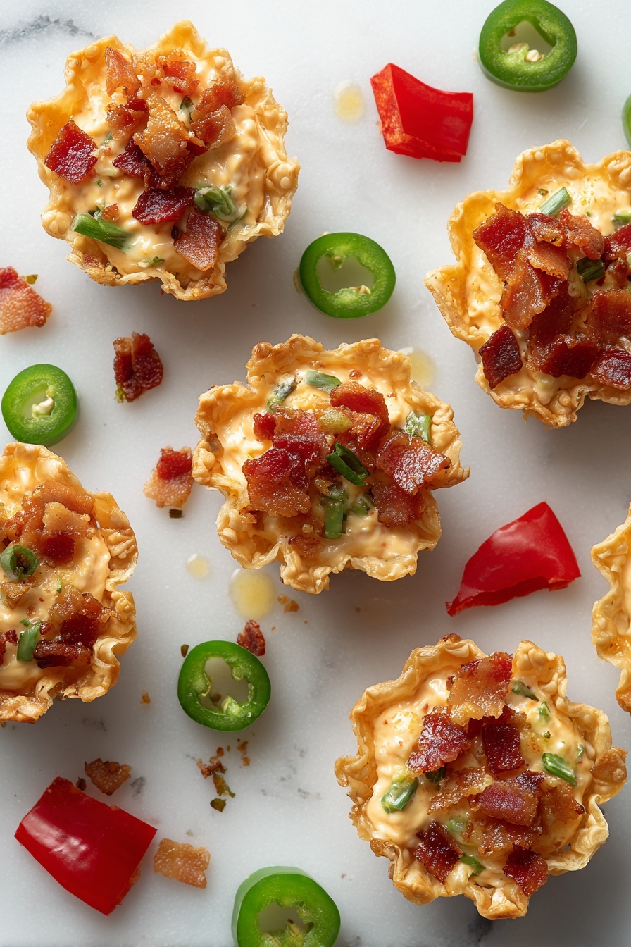 Flat lay of crispy chopped bacon pieces, smooth creamy pimento cheese with bits of pimento, glossy mild green pepper jelly in a small puddle, golden mini fillo shells, scattered red pimento peppers, and fresh green bell pepper slices, all beautifully arranged in a balanced composition and vibrant colors, placed on a white marble surface, photo taken with an iphone --ar 2:3 --v 7