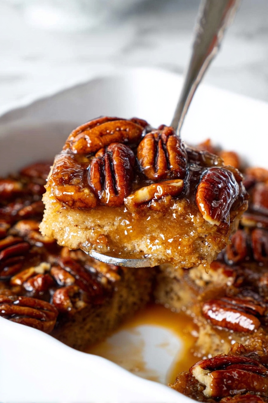 A white square dish holds a rich dessert with three layers: the top layer is a shiny, sticky caramel covered with whole pecans, dark brown and glossy in texture, the middle layer is a golden-brown soft filling that looks moist and smooth, and the bottom layer is a light, dense base that supports the sweet filling. A spoon lifts a portion of the dessert, showing the thick caramel and pecans firmly covering the soft middle layer, with more pieces visible in the dish below. The scene is set against a white marbled surface. Photo taken with an iphone --ar 2:3 --v 7
