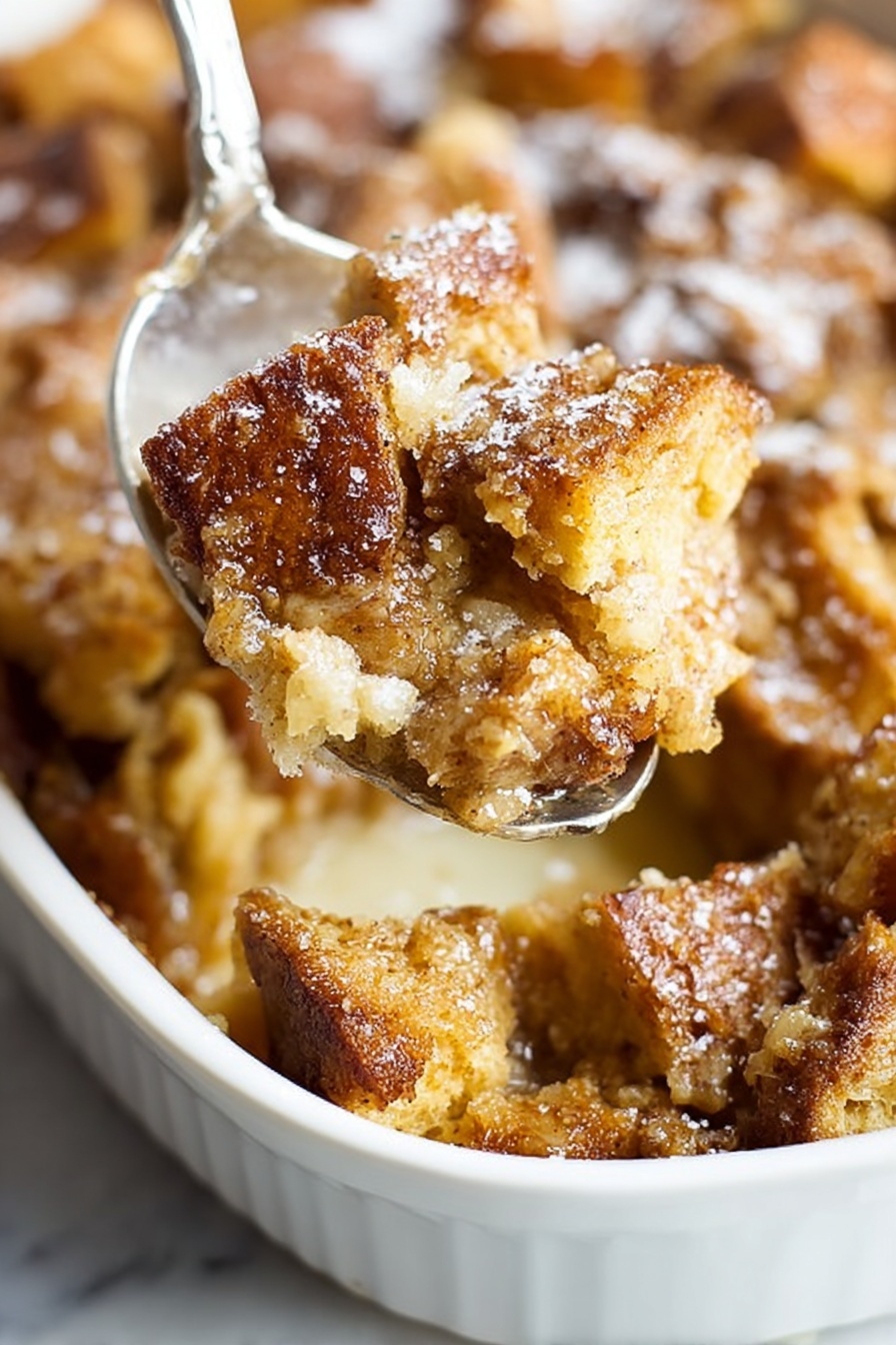 A white plate with a delicate lace-like edge holds a stack of golden brown bread pudding pieces that look soft and textured with a slightly crisp surface. A shiny, amber syrup is being poured over the center from a tilted jug above, catching the light as it flows down. In the background, slightly blurred, there are a few ripe strawberries with green tops. A silver fork rests on the right side of the plate. The surface beneath is a white marbled texture. photo taken with an iphone --ar 2:3 --v 7