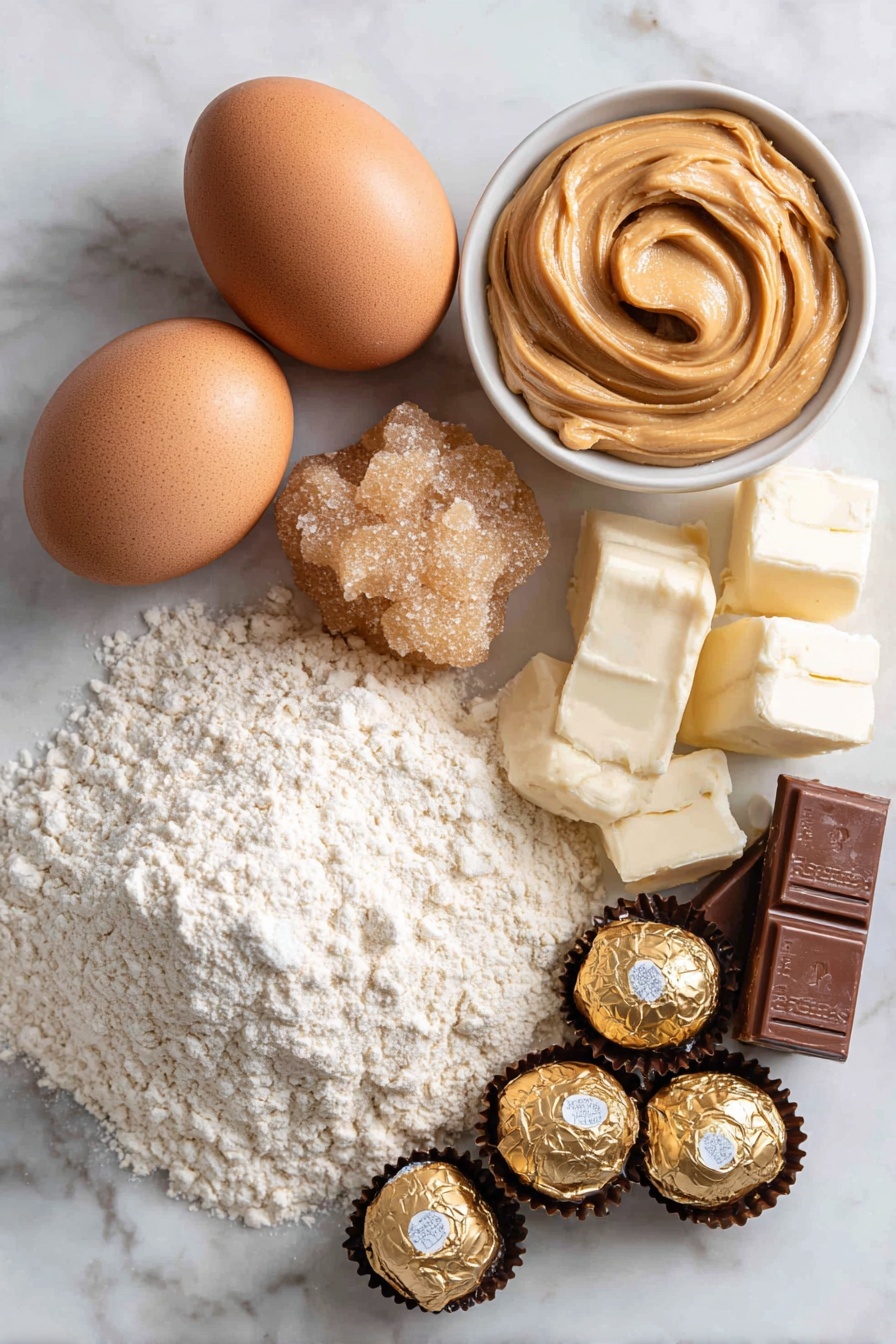 Flat lay of creamy peanut butter in a smooth dollop, packed brown sugar crystals, soft unsalted butter chunk, shiny chocolate candy kisses in iconic foil wrappers, whole granulated sugar sparkling under light, a fresh large egg with a clean shell, and a heap of pale all-purpose flour finely sifted, all beautifully arranged and contrasting on a white marble surface, photo taken with an iphone --ar 2:3 --v 7