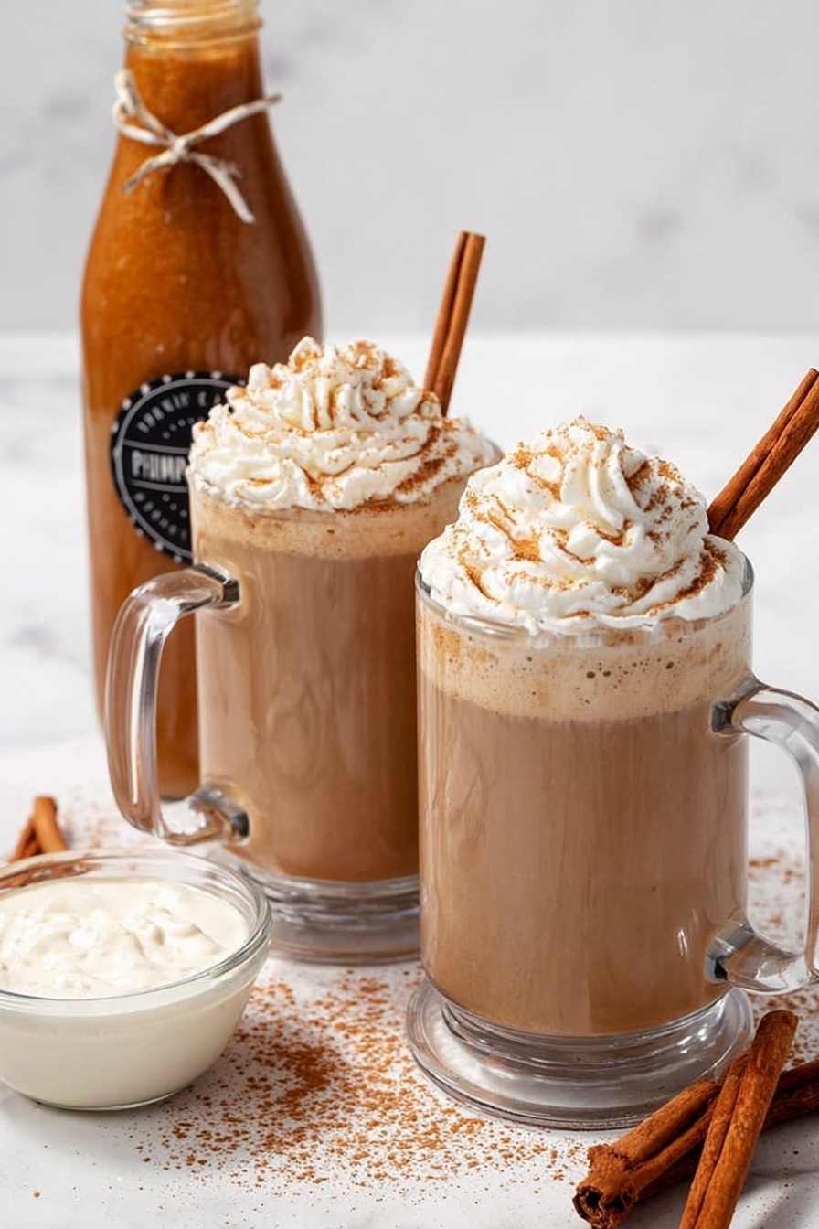 Two clear glass mugs are filled with a light brown pumpkin spice drink, each topped with a thick layer of white whipped cream swirled in a circular pattern. A brown cinnamon stick is placed upright in the whipped cream of each mug. The drinks sit on a white marbled surface that has some sprinkled cinnamon powder around them. Nearby, a small clear bowl contains white cream, and a tall glass bottle filled with a brown pumpkin spice sauce is labeled with black and white stickers. A few more brown cinnamon sticks lie scattered on the surface near the bottle. photo taken with an iphone --ar 2:3 --v 7