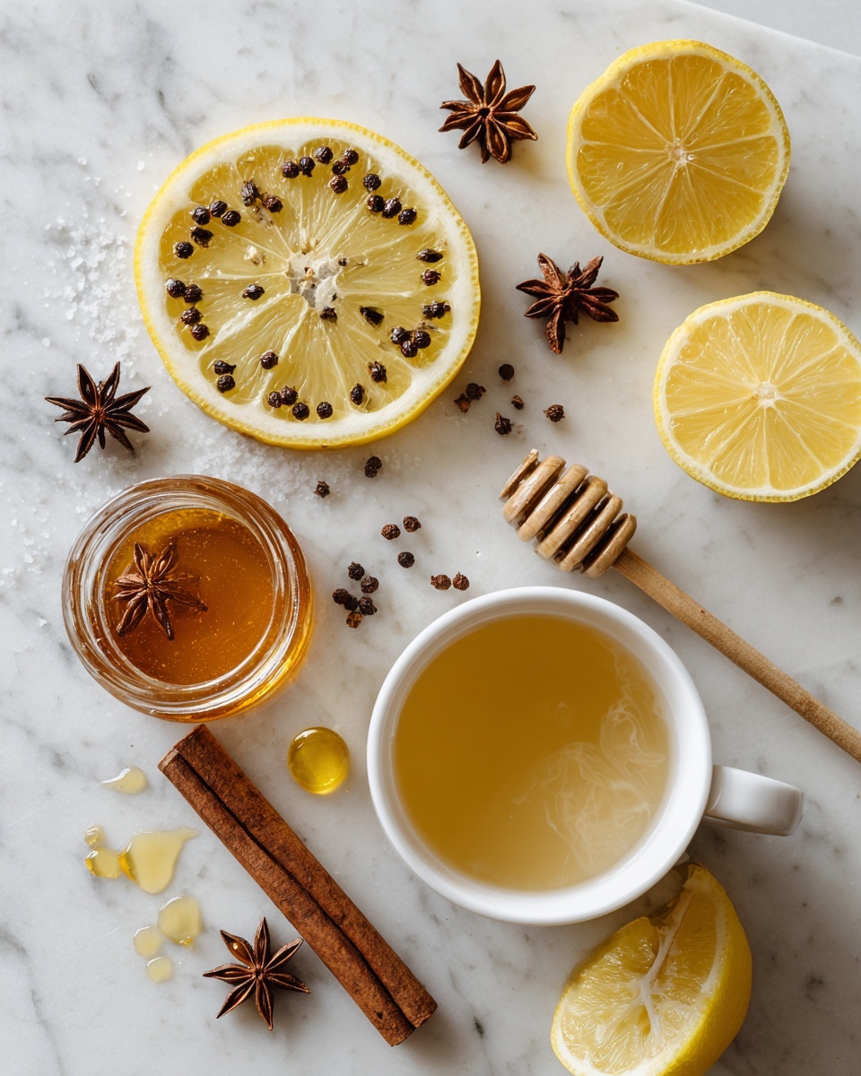 Flat lay of a thick lemon slice studded with whole cloves, a cinnamon stick, a star anise pod, a small jar of golden honey with a honey dipper beside it, fresh lemon wedges, a small bottle of whiskey, and a few drops of aromatic bitters arranged beautifully with a cup of steaming hot water, all placed on a white marble surface, photo taken with an iphone --ar 2:3 --v 7