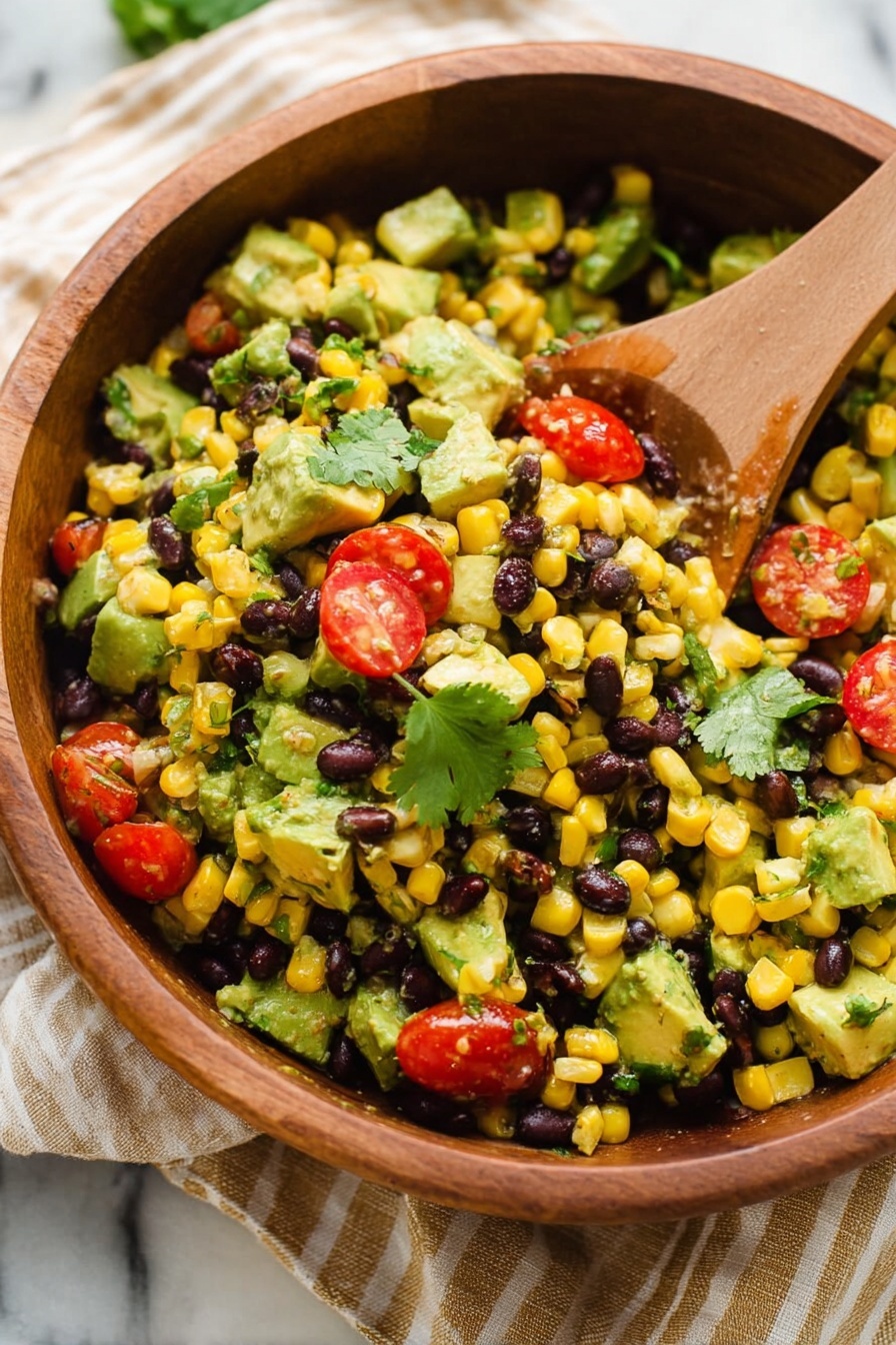 A wooden bowl filled with a colorful salad showing three main layers: bright yellow corn kernels, black beans, and green chunks of avocado mixed with small red cherry tomatoes scattered evenly throughout, all topped with fresh green cilantro leaves. A wooden spoon scoops a portion from the side, with the salad textures looking fresh and slightly shiny. The bowl sits on a beige and white striped cloth, placed on a white marbled surface. photo taken with an iphone --ar 2:3 --v 7