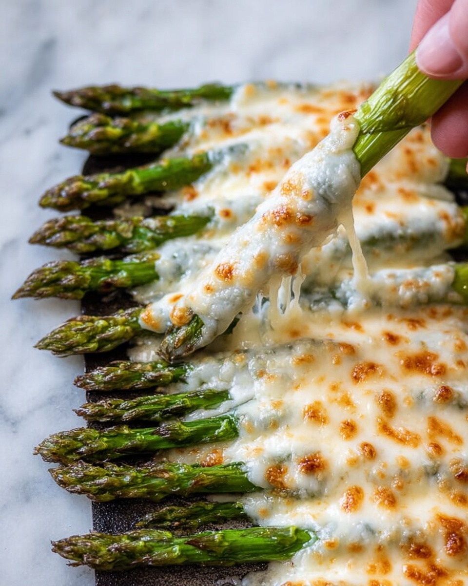 The image shows several green asparagus spears placed side by side, each covered with a thick layer of melted white cheese that has golden brown spots from baking. The asparagus is fresh and bright green with tips aligned. A black spatula is lifting a bundle of three asparagus spears, showing the stretchy melted cheese between them. The asparagus and cheese are resting on a white marbled surface. The photo taken with an iphone --ar 2:3 --v 7