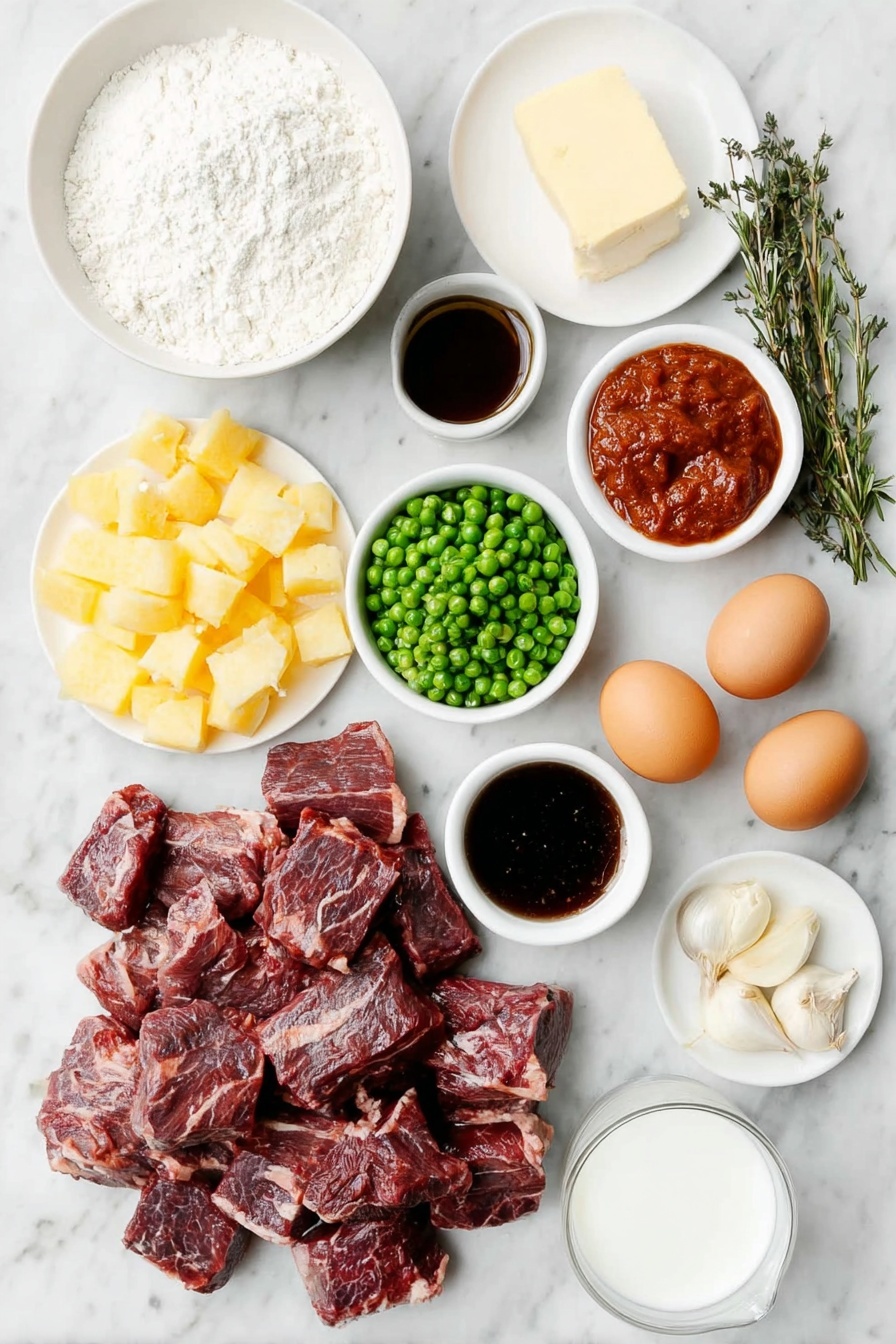 Flat lay of raw stew beef chunks, a small mound of all-purpose flour, a small white bowl filled with rich beef broth, a small white bowl containing deep red wine, a dollop of vibrant red tomato paste on a white ceramic plate, a small white bowl with dark Worcestershire sauce, two peeled garlic cloves, one large chopped white onion, four peeled and chopped large carrots, cubed peeled Yukon gold potatoes, two fresh bay leaves, one sprig of fresh rosemary, two sprigs of fresh thyme, a small white bowl filled with bright green frozen peas, two whole uncracked brown eggs, a small mound of flour mixed with baking powder and sugar, a small pat of butter, and a small white bowl of fresh milk, all arranged with perfect symmetry on a clean white marble surface, soft natural light, photo taken with an iPhone, professional food photography style, fresh ingredients, white ceramic bowls, no bottles, no duplicates, no utensils, no packaging --ar 2:3 --v 7 --p awthu7i m7354615311229779997
