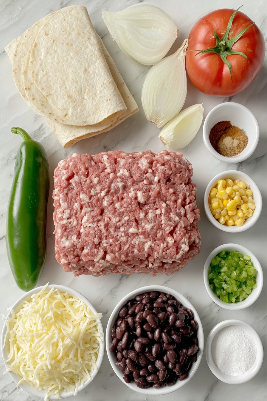 Flat lay of a raw 2 lb ground beef patty, a whole red bell pepper diced, a white onion diced, two peeled garlic cloves, a small white bowl of kosher salt, a small white bowl of chili powder, a small white bowl of ground cumin, a small white bowl with all-purpose flour, a small white bowl containing chopped fresh hatch chiles, a small white bowl of sweet corn kernels, a small white bowl of black beans, a small white bowl filled with diced fresh tomatoes and their juice, a neat stack of fresh corn tortillas, a small white bowl filled with shredded cheddar cheese, all arranged symmetrically on a clean white marble surface, soft natural light, photo taken with an iPhone, professional food photography style, fresh ingredients, white ceramic bowls, no bottles, no duplicates, no utensils, no packaging --ar 2:3 --v 7 --p m7354615311229779997