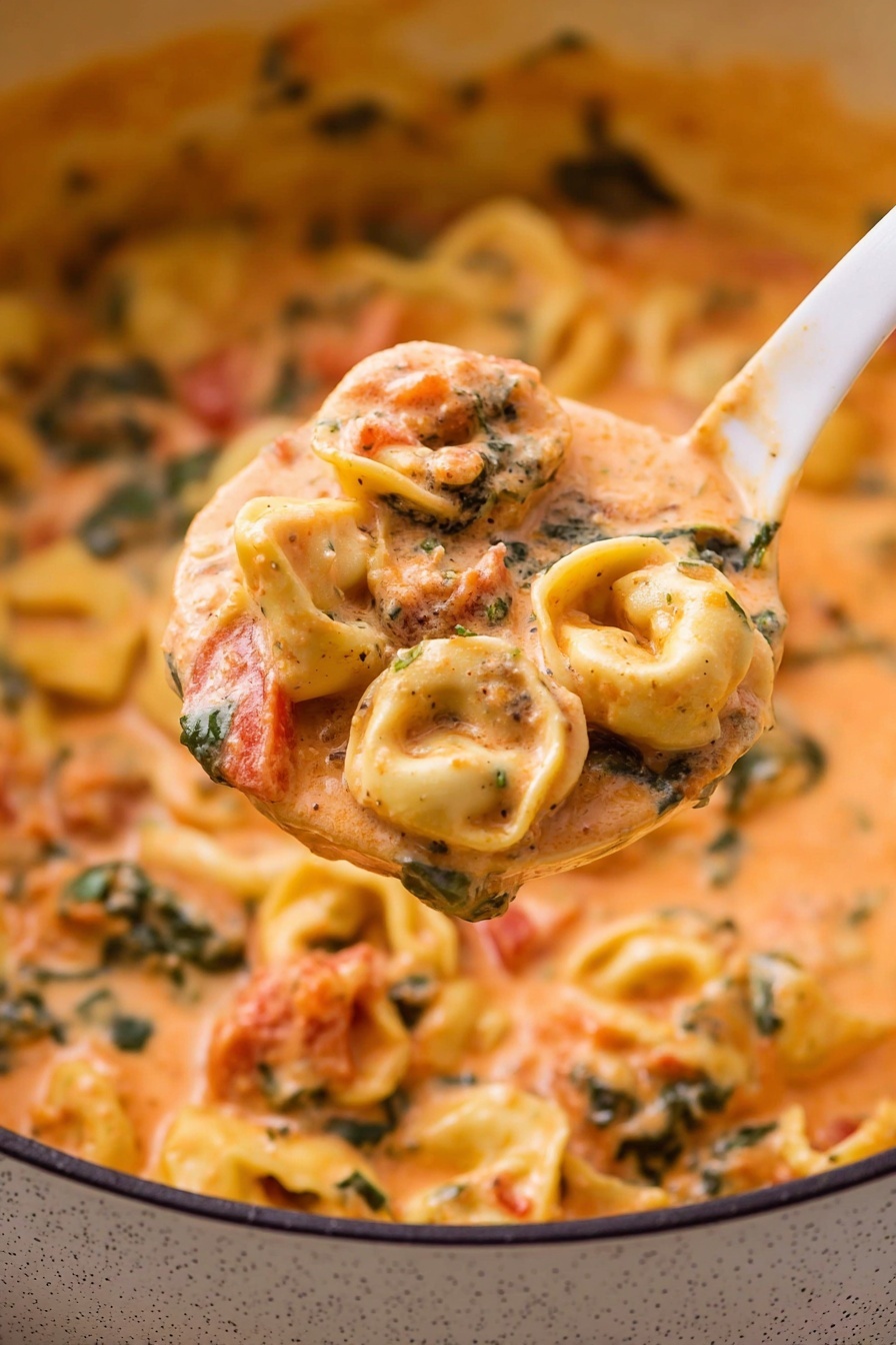 A white ladle scoops up creamy tortellini pasta coated in a thick, orange-pink sauce filled with chunks of diced carrots, dark green leafy herbs, and small pieces of red tomato. The tortellini are plump and soft, each piece showing distinct folds and a pale yellow color. In the background, the same creamy sauce fills a white marbled textured pot, dotted with more pasta, herbs, and vegetables. The sauce clings to the ladle, with a slight drip on its edge, showing the rich and smooth texture. Photo taken with an iphone --ar 2:3 --v 7