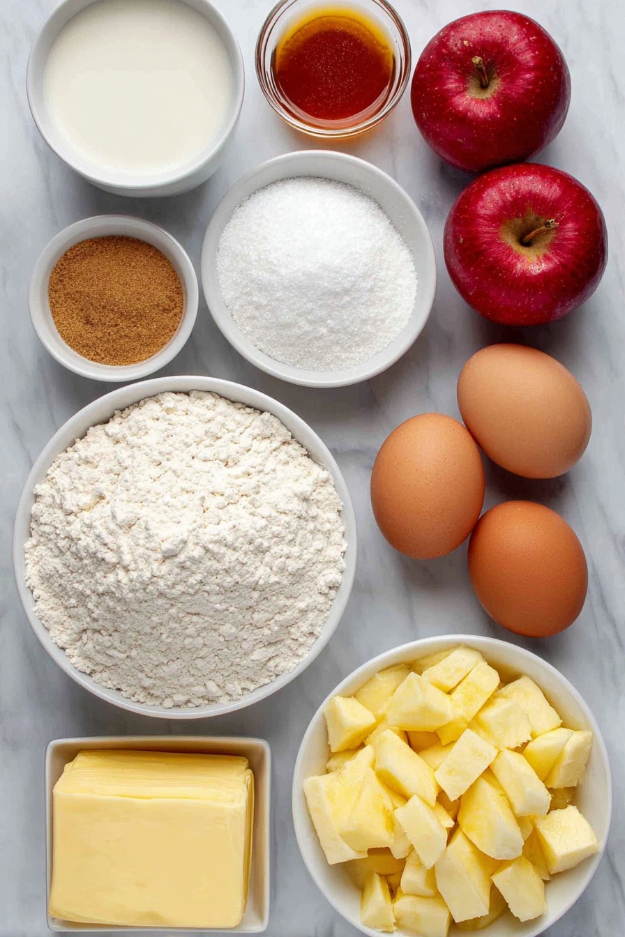 Flat lay of a small white ceramic bowl with warm milk, a small white ceramic bowl with light golden brown sugar, a small white ceramic bowl filled with light cinnamon powder, two whole large brown eggs with clean shells, a smooth mound of all-purpose flour, a few tablespoons of salted butter in dollops, two bright Honeycrisp apples chopped into small pieces, a block of creamy white cream cheese, a small white ceramic bowl with amber maple syrup, and a few sprigs of vanilla bean placed symmetrically, all arranged on a clean white marble surface, soft natural light, photo taken with an iPhone, professional food photography style, fresh ingredients, white ceramic bowls, no bottles, no duplicates, no utensils, no packaging --ar 2:3 --v 7 --p m7354615311229779997