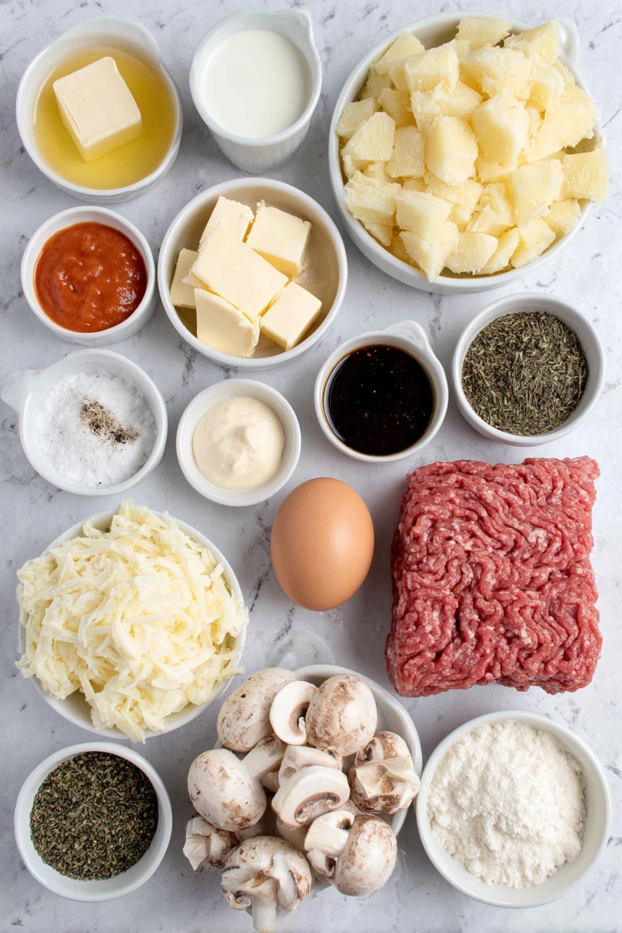 Flat lay of peeled and diced Yukon gold potatoes, a small white bowl of whole milk, a few tablespoons of unsalted butter, a small white bowl of coarse kosher salt, a small white bowl of garlic powder, a small white bowl of ground black pepper, a small white bowl of olive oil, a handful of cleaned and diced button mushrooms, one medium finely diced onion, two peeled and finely diced carrots, one whole uncracked brown egg, one pound of raw ground beef, two garlic cloves, a small white bowl of potato starch, a small white bowl of tomato paste, a small white bowl of Worcestershire sauce, a small white bowl filled with dried thyme leaves, a small white bowl of beef broth, and a small handful of frozen peas placed on a clean white marble surface, soft natural light, photo taken with an iPhone, professional food photography style, fresh ingredients, white ceramic bowls, no bottles, no duplicates, no utensils, no packaging --ar 2:3 --v 7 --p m7354615311229779997