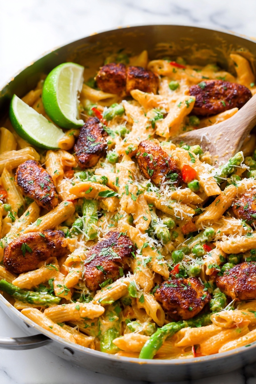 This dish is served in a white pan filled with penne pasta coated in a creamy, light orange sauce. There are several dark brown, crispy pieces of seasoned chicken scattered on top. Mixed in are small green peas, thin yellow and red bell pepper strips, and green asparagus tips. The pasta is sprinkled with grated white cheese and chopped fresh green herbs. Two lime wedges rest on the side of the pan. The pan sits on a white marbled surface. Photo taken with an iphone --ar 2:3 --v 7