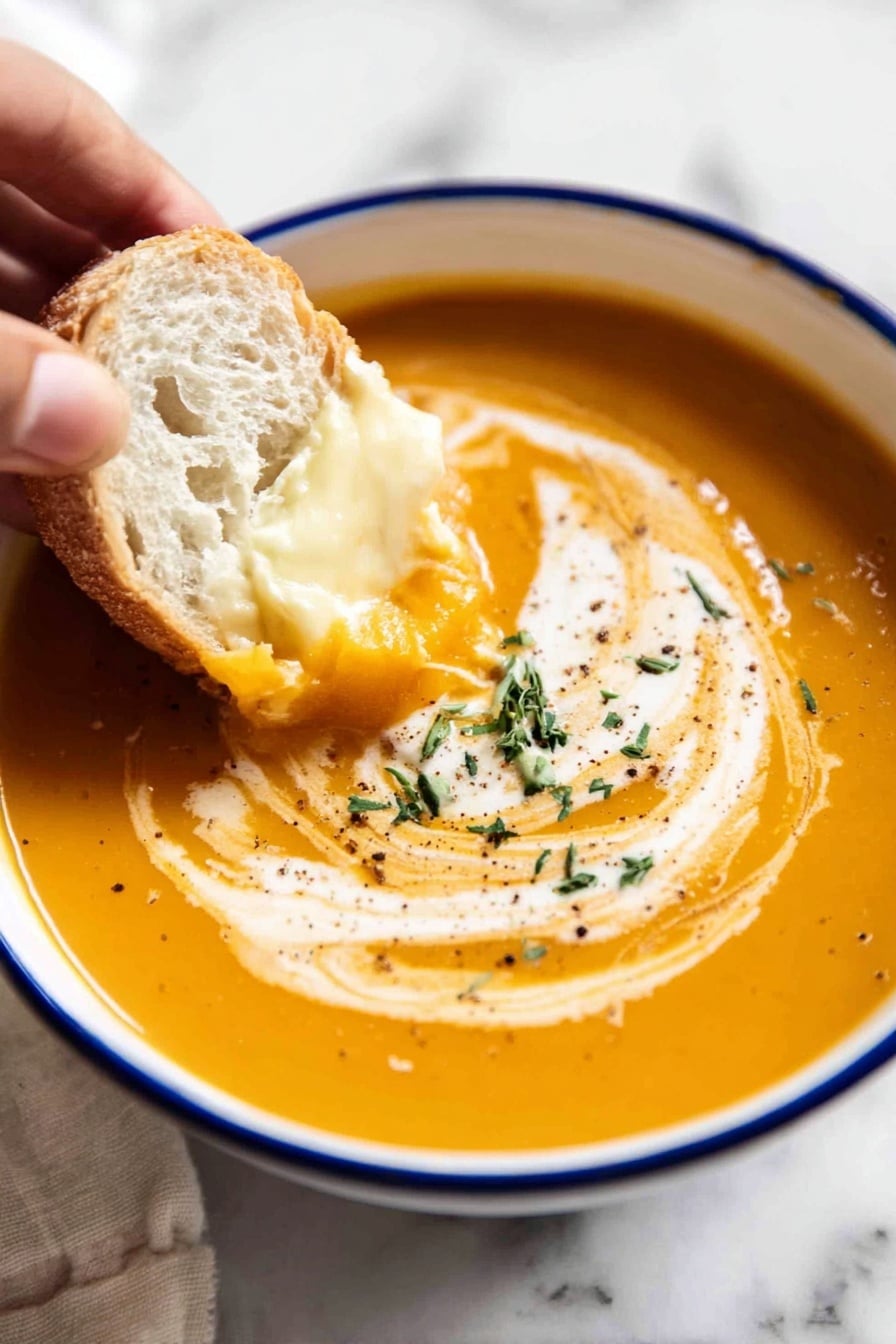 pumpkin soup - The image shows a thick creamy orange soup in a black pot positioned on a white marbled surface. The soup’s surface is smooth with a swirl of white cream creating a spiral pattern on top. A large silver spoon is partially dipped into the soup, catching light to show its shiny metal texture. The colors contrast nicely with the warm orange soup and the white cream swirl. Photo taken with an iphone --ar 2:3 --v 7