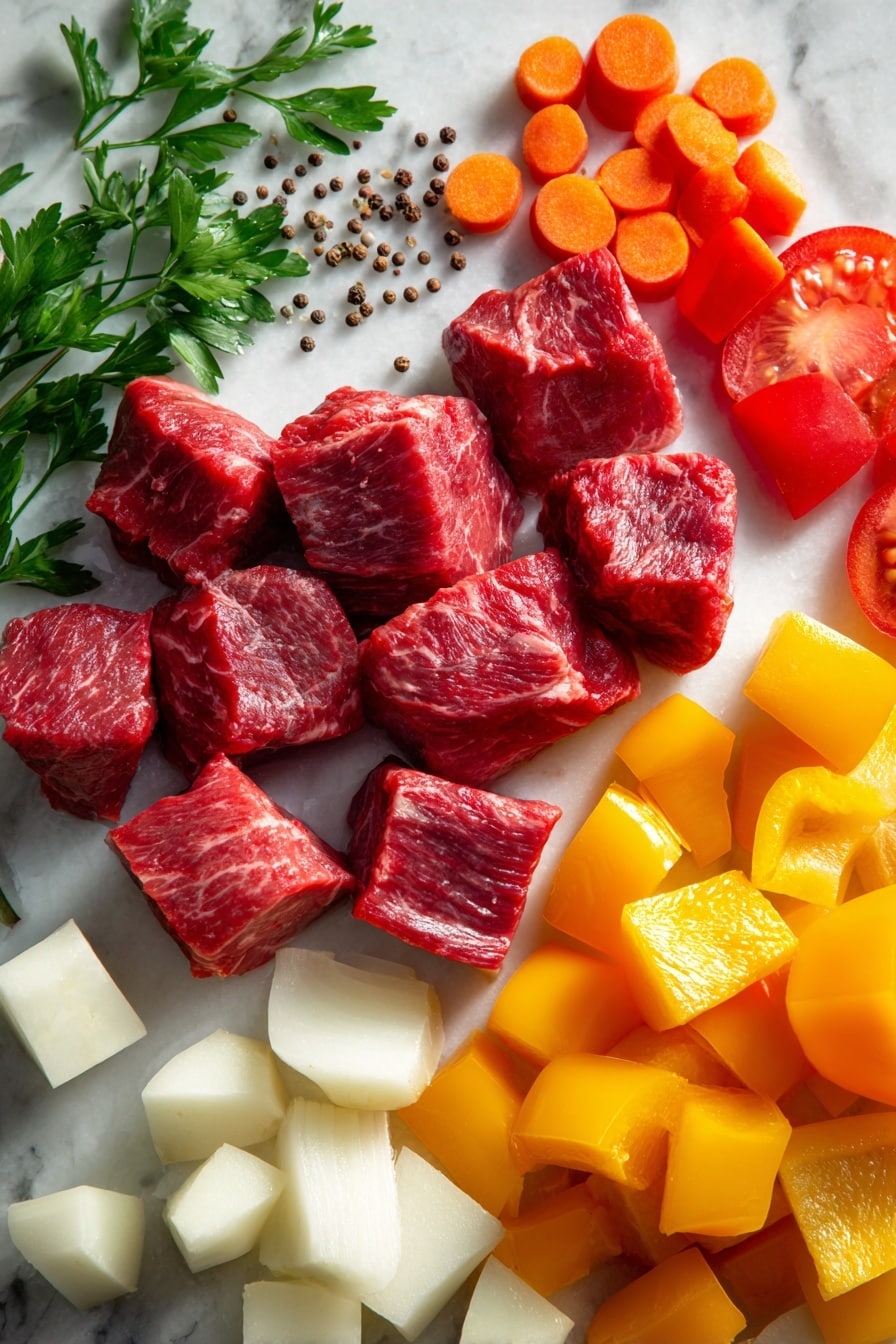 Hungarian Beef Goulash - Flat lay of fresh beef chuck cubes with rich deep red color and marbled fat, bright red and vibrant yellow bell peppers cut into neat squares, plump red tomato wedges showing juicy flesh, peeled orange carrots sliced lengthwise revealing smooth surfaces, creamy white potatoes in clean cubes, glossy brown onions diced into small squares, scattered rustic caraway seeds with textured brown appearance, and a fresh sprig of bright green parsley with delicate leaves, all arranged naturally with some overlapping and space in between to highlight textures and colors, placed on white marbled surface, photo taken with an iphone --ar 2:3 --v 7