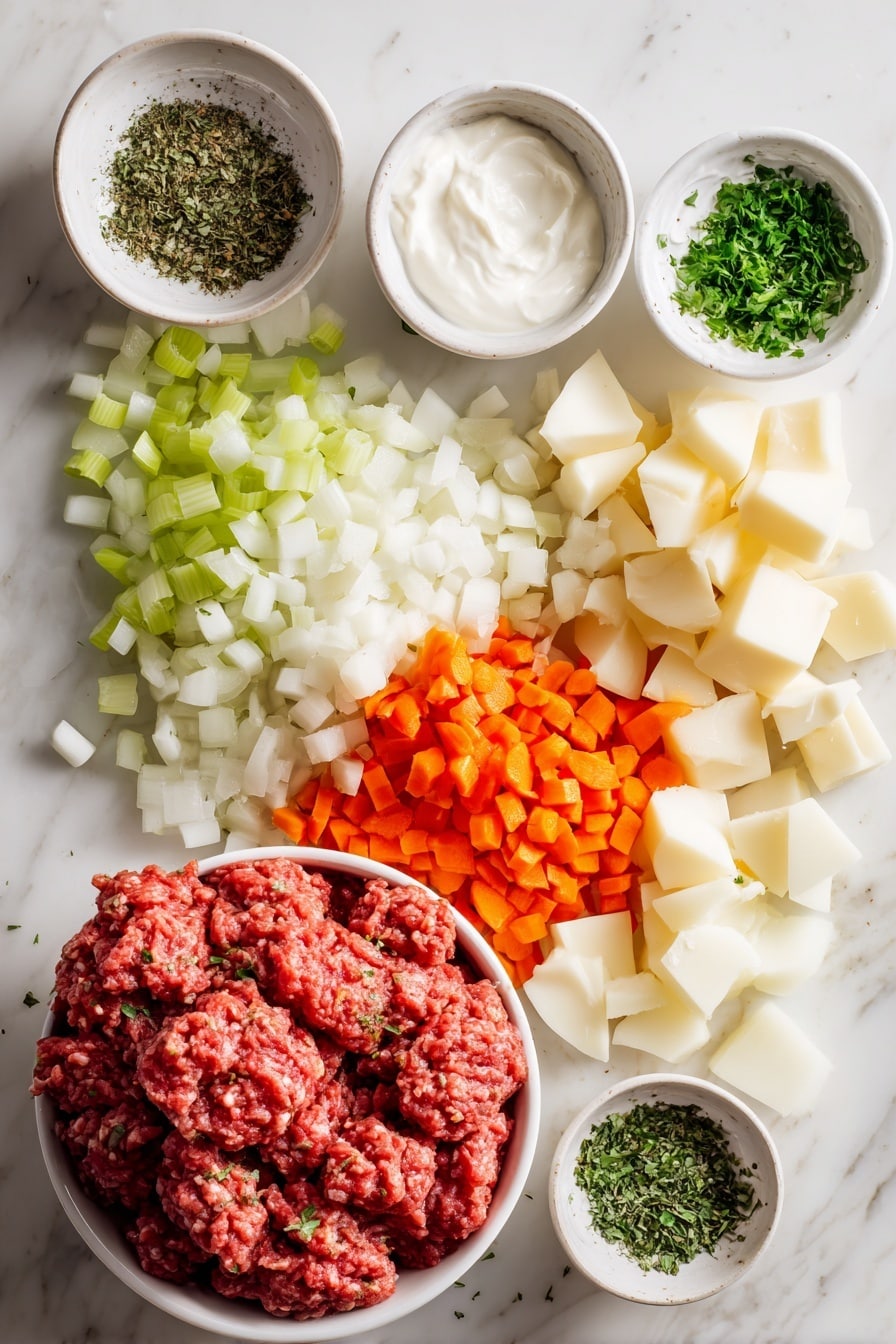cheeseburger soup - Flat lay of fresh ground beef in a rich red color with a slight marbled texture, bright orange shredded carrots, crisp pale green diced celery, small diced white potatoes with smooth skin, translucent chopped white onion, small cubes of creamy pale yellow Velveeta cheese, fresh green dried parsley flakes and dried basil scattered delicately, and a dollop of smooth white sour cream, all naturally arranged with some ingredients overlapping gently, placed on white marbled surface, photo taken with an iphone --ar 2:3 --v 7