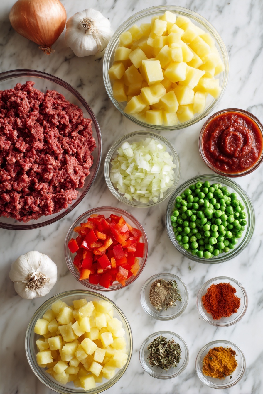 Flat lay of diced golden potatoes, raw lean ground beef, finely chopped yellow onion, vibrant red bell pepper pieces, bright green frozen peas, peeled garlic cloves, a small heap of deep red tomato paste, and assorted warm-toned spices including paprika, cumin, oregano, and chili powder, all beautifully arranged in small glass bowls and scattered gently around, placed on a white marble surface, photo taken with an iphone --ar 2:3 --v 7