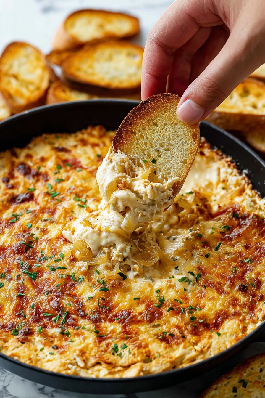 A black pan filled with a baked dip featuring a top layer of melted golden brown cheese scattered with small bits of green herbs. Underneath, you see soft caramelized onion pieces and creamy, cheesy chunks. A woman's hand is dipping a lightly toasted, golden bread slice with a textured surface into the dip. More toasted bread slices rest in the background on a white marbled surface. The whole scene shows a warm, cheesy, and inviting dish. photo taken with an iphone --ar 2:3 --v 7