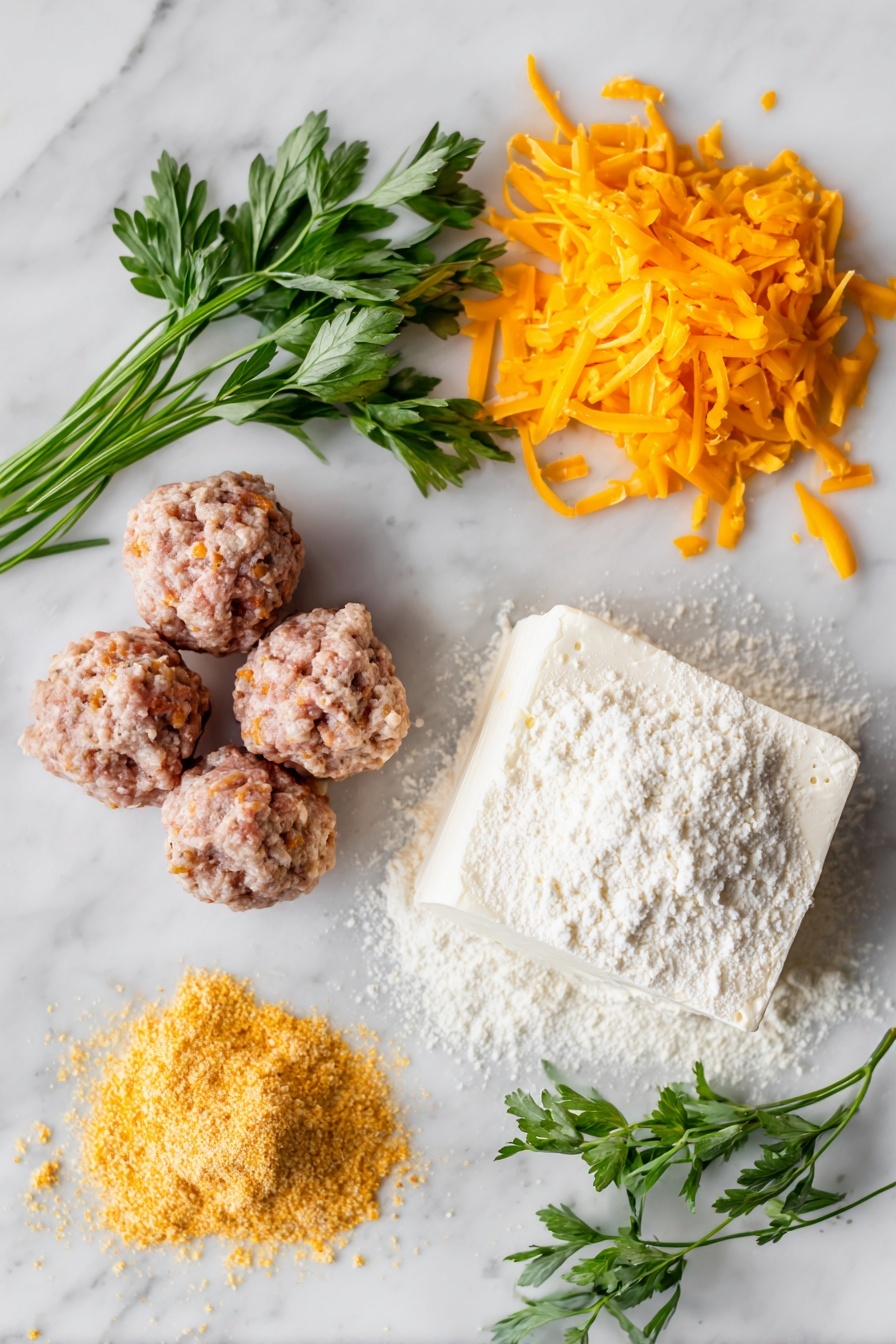 Flat lay of fresh ground pork sausage in a neat mound, a block of creamy white cream cheese with smooth texture, a small pile of bright orange shredded cheddar cheese, scattered golden baking mix powder, and a few sausage balls browned to perfection, all beautifully arranged with a few sprigs of fresh green herbs for color contrast, placed on a white marble surface, photo taken with an iphone --ar 2:3 --v 7