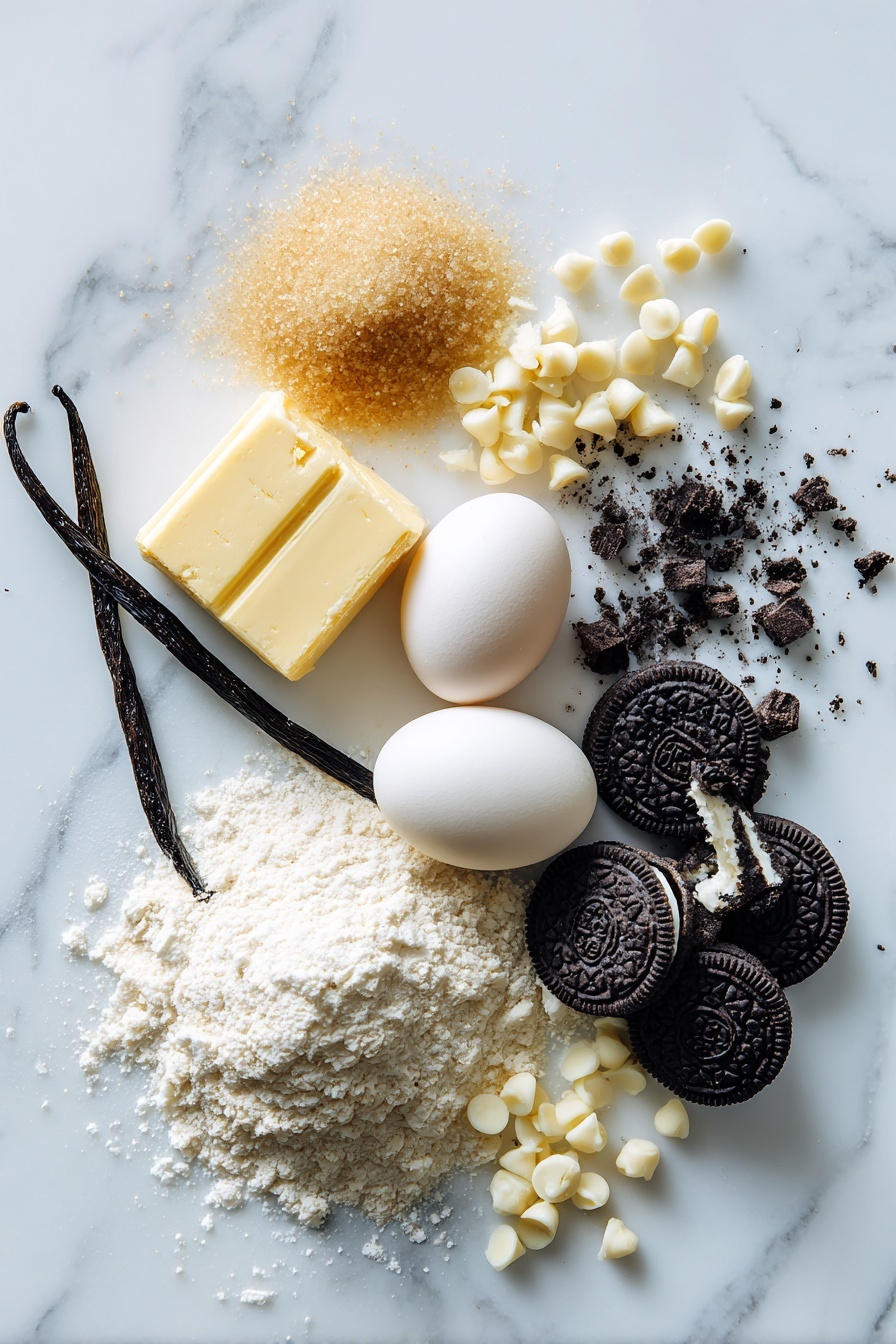 Flat lay of golden softened butter, light and dark brown sugar crystals, whole eggs with smooth shells, a split vanilla bean pod showing tiny seeds, coarsely crushed Oreo cookies with visible black cookie pieces and white filling, shiny white chocolate chips glistening softly, and a small mound of pale flour, placed on a white marble surface, photo taken with an iphone --ar 2:3 --v 7