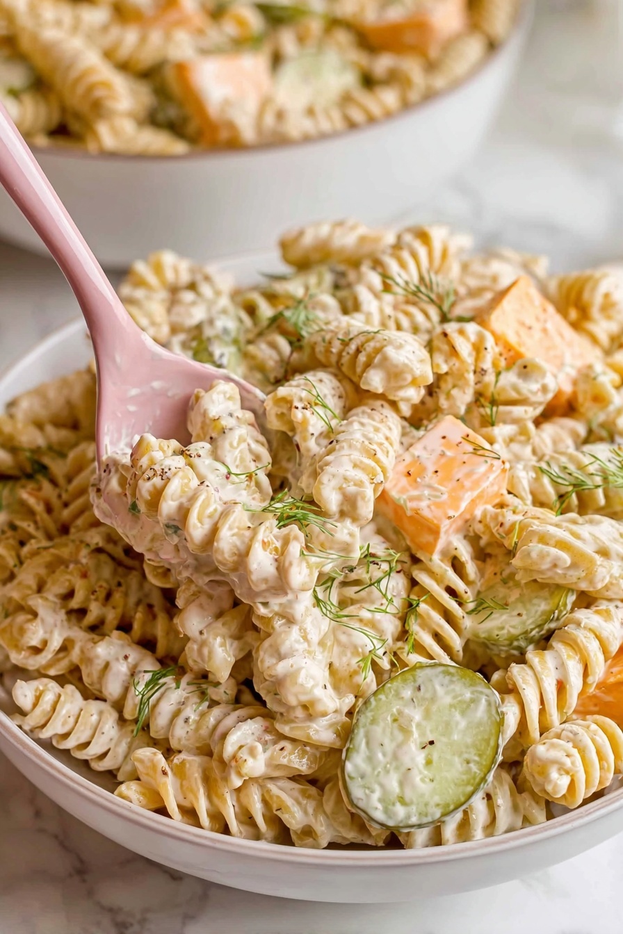A white bowl filled with creamy pasta salad showing three layers: the bottom layer of twisted rotini pasta coated in a thick creamy dressing, the middle layer of light orange cheese cubes and sliced green pickles, and the top layer sprinkled with small green herb sprigs and a light dusting of seasoning. A pale pink spoon is scooping a portion from the bowl, highlighting the creamy texture of the pasta and the brightness of the cheese and pickles. The bowl sits on a white marbled surface with a blurred second bowl in the background. Photo taken with an iphone --ar 2:3 --v 7