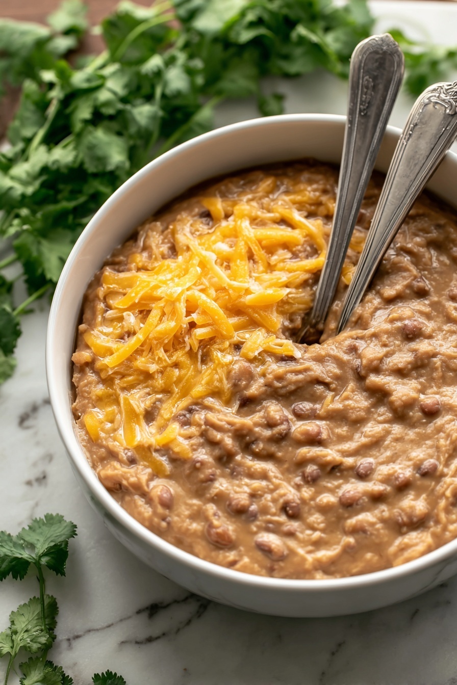 A close-up of a white bowl filled with refried beans mixed with melted shredded orange cheese spread on one half, showing a creamy and thick brown texture on the other half. Two silver spoons are inserted into the bowl's center, slightly lifting the beans. The bowl is on a white marbled surface with some green herbs blurred in the background. Photo taken with an iphone --ar 2:3 --v 7