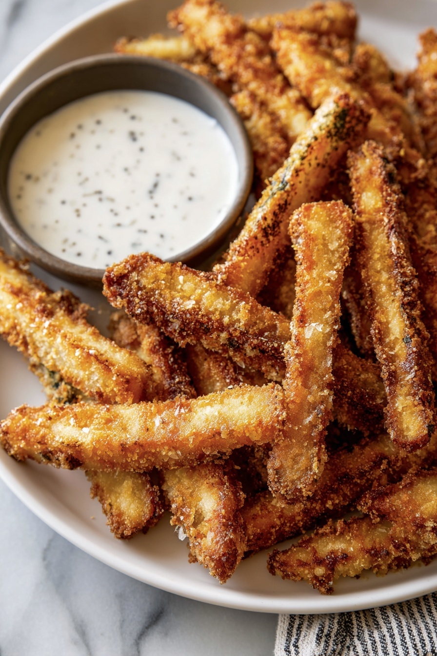 The image shows a white plate filled with many crispy fried sticks that are golden brown with a crunchy, textured coating. The sticks are stacked and scattered naturally, showing some rough edges. In the top left area of the plate, there is a small round container with a smooth, creamy white dipping sauce speckled with small black dots. The background is a white marbled surface and there is a soft, striped fabric visible in the top right corner. photo taken with an iphone --ar 2:3 --v 7