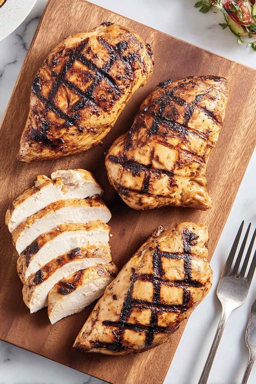 The image shows a wooden board on a white marbled surface with four pieces of grilled chicken arranged neatly. The top left has a whole grilled chicken piece with dark brown grill marks in a crisscross pattern. The bottom left features a sliced chicken piece with light brown inside and clear, darker grill marks on each slice. The right side has two smaller grilled pieces, both showing charred darker grill marks and cooked golden brown skin. A set of white forks is partially visible on the bottom right corner. Photo taken with an iphone --ar 2:3 --v 7
