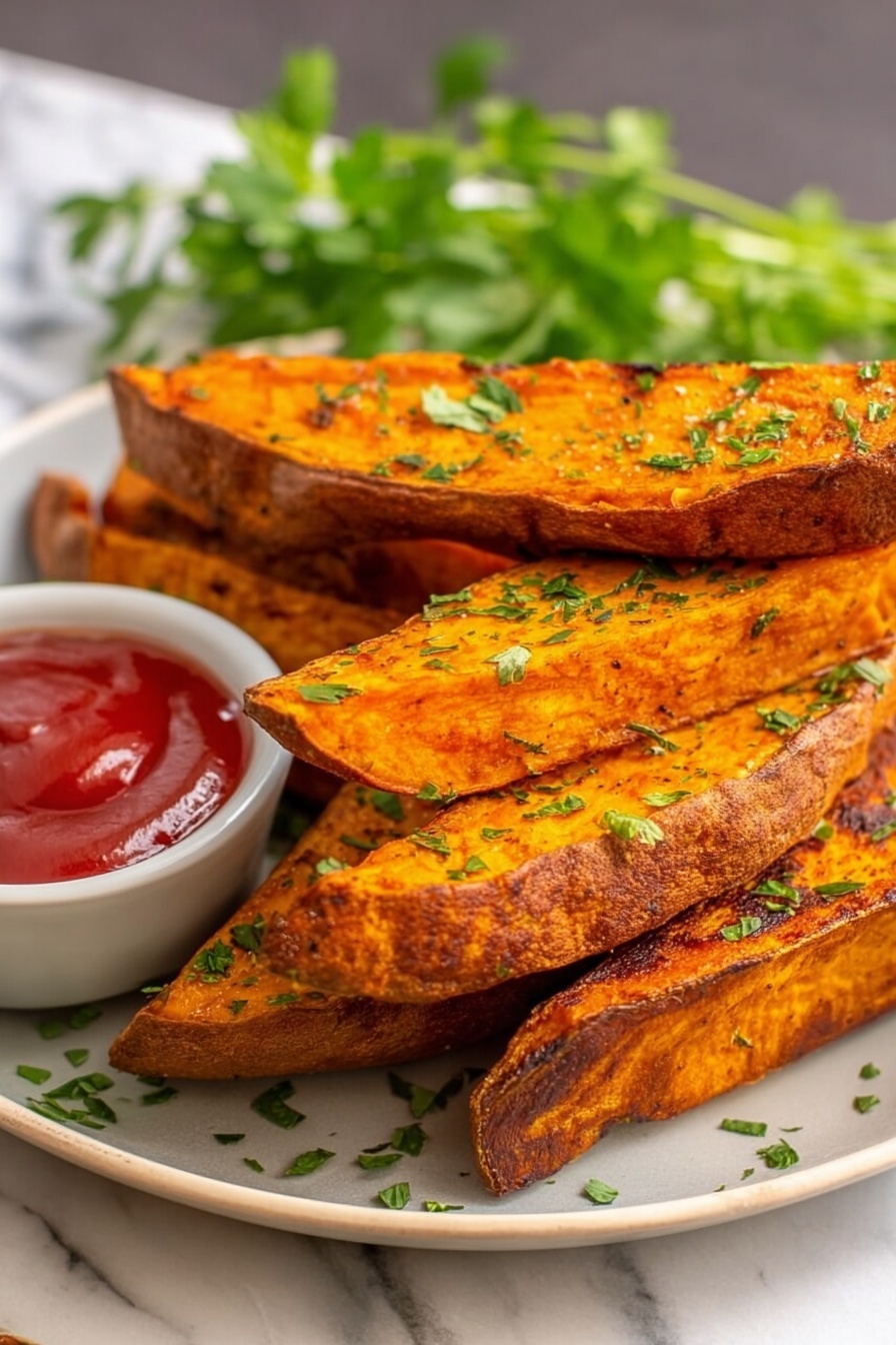 A close-up shot of a single long, thin orange-brown sweet potato fry with visible seasoning and small green parsley bits on it, being held by a woman's hand with red nail polish, dipping into a shiny silver metal cup filled with bright red ketchup. In the background, there is a white plate filled with more sweet potato fries scattered with green parsley bits, all set on a white marbled surface. photo taken with an iphone --ar 2:3 --v 7