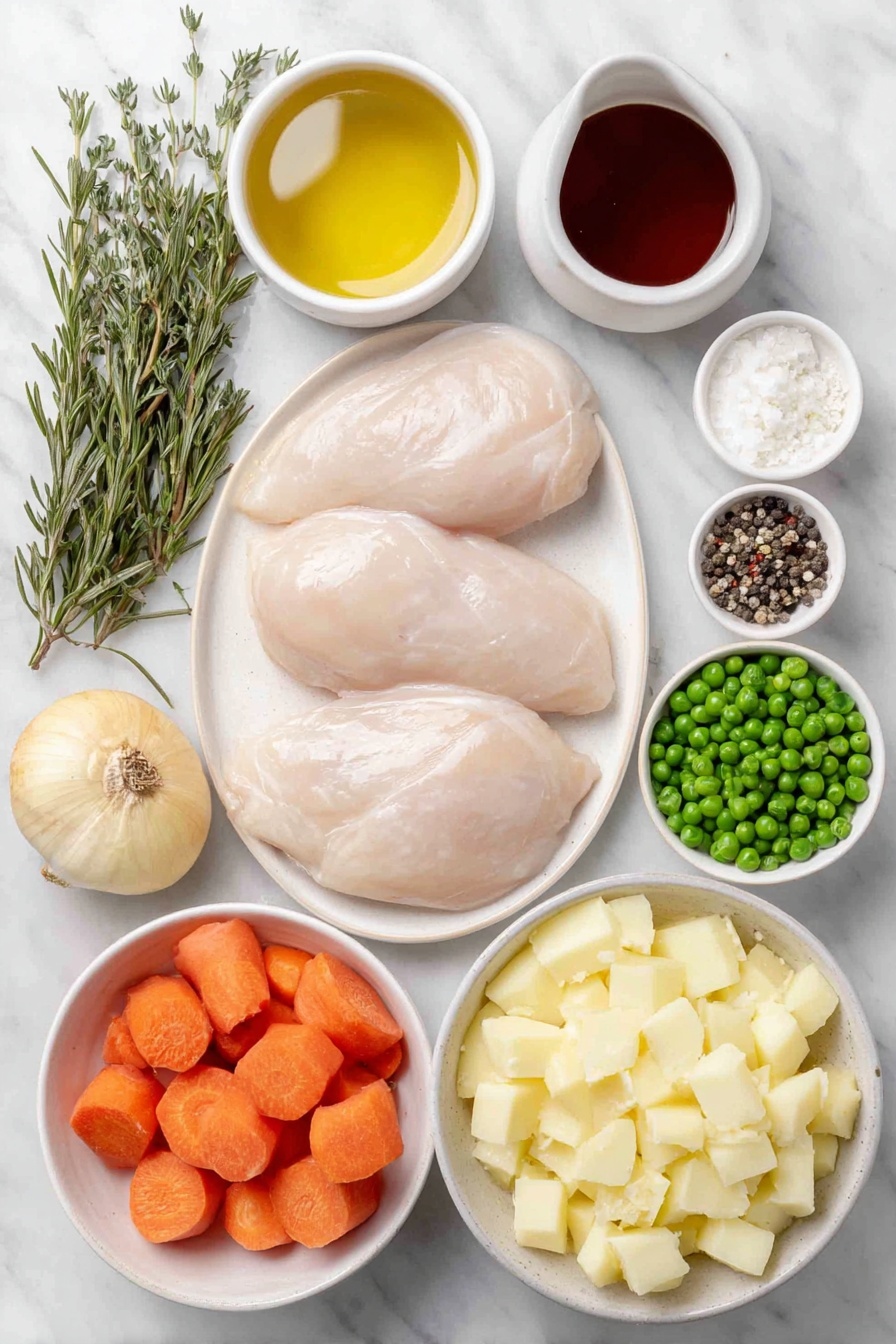 Flat lay of a small pool of golden olive oil on a simple white ceramic dish, three boneless skinless chicken breasts with clean cuts, a white ceramic bowl filled with rich golden chicken broth, a white bowl holding pale dry white wine, a small white bowl of glossy Worcestershire sauce, a neat pile of fresh rosemary sprigs, a bunch of fresh thyme stems, four plump garlic cloves unpeeled, one large yellow onion halved and chopped, two large peeled and sliced bright orange carrots, a mound of diced pale yellow Yukon gold potatoes, a small white bowl with plain all-purpose flour, a small white bowl of smooth heavy cream, a small white bowl containing vibrant frozen green peas, a small pile of coarse kosher salt crystals, and a small heap of freshly ground black peppercorns—all arranged symmetrically on a clean white marble surface, soft natural light, photo taken with an iPhone, professional food photography style, fresh ingredients, white ceramic bowls, no bottles, no duplicates, no utensils, no packaging --ar 2:3 --v 7 --p awthu7i m7354615311229779997