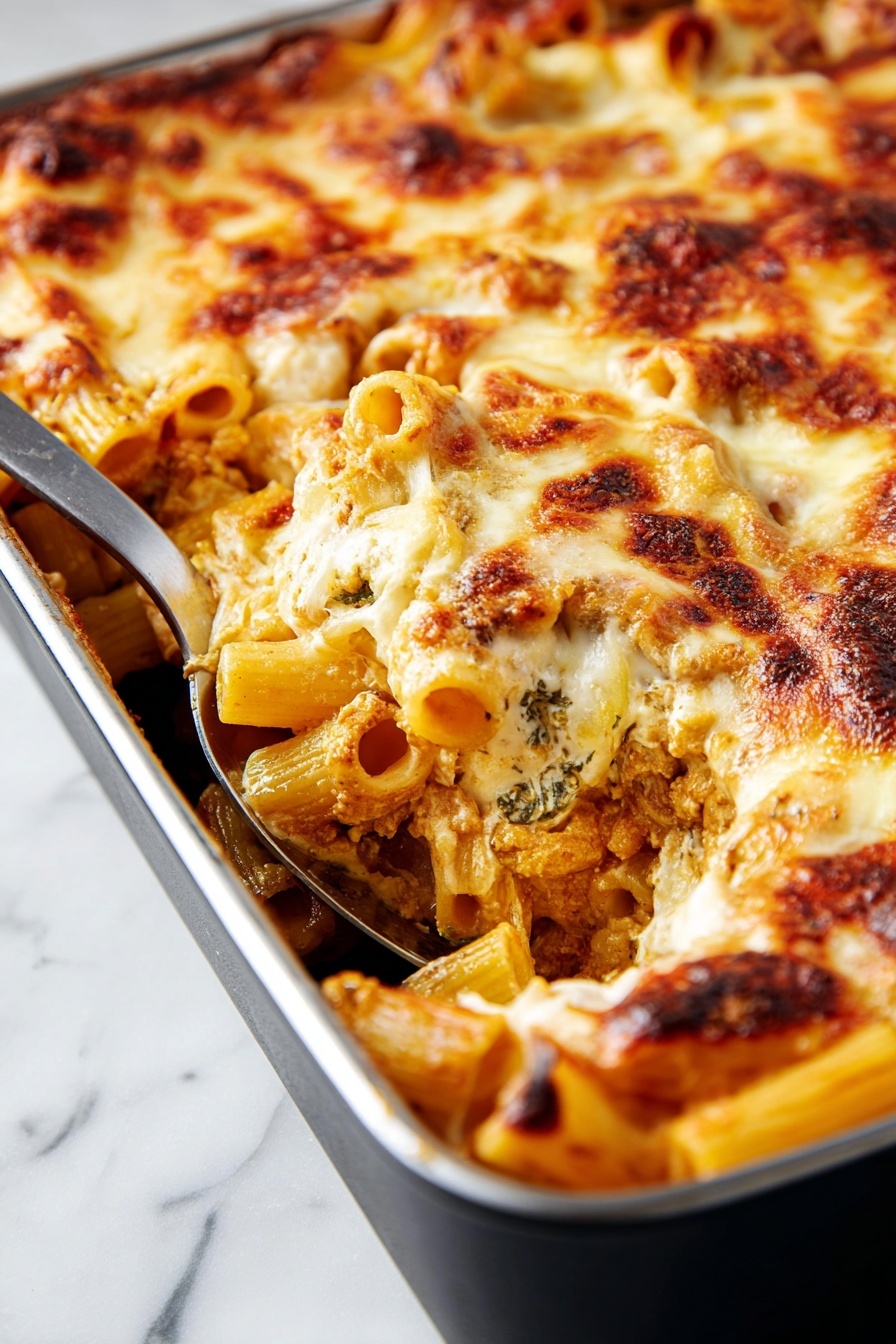 A close-up image of a baked pasta dish in a black baking pan with three visible layers. The bottom layer is made of rigatoni pasta, showing a light orange color with some sauce coating the pasta. Above that is a mixture of cheese and herbs, creamy white with green specks. The top layer is melted cheese with browned spots, golden yellow with scattered darker brown areas. A silver large spoon is scooping some pasta from the bottom left corner, revealing the layers inside. The background is a white marbled texture. Photo taken with an iphone --ar 2:3 --v 7