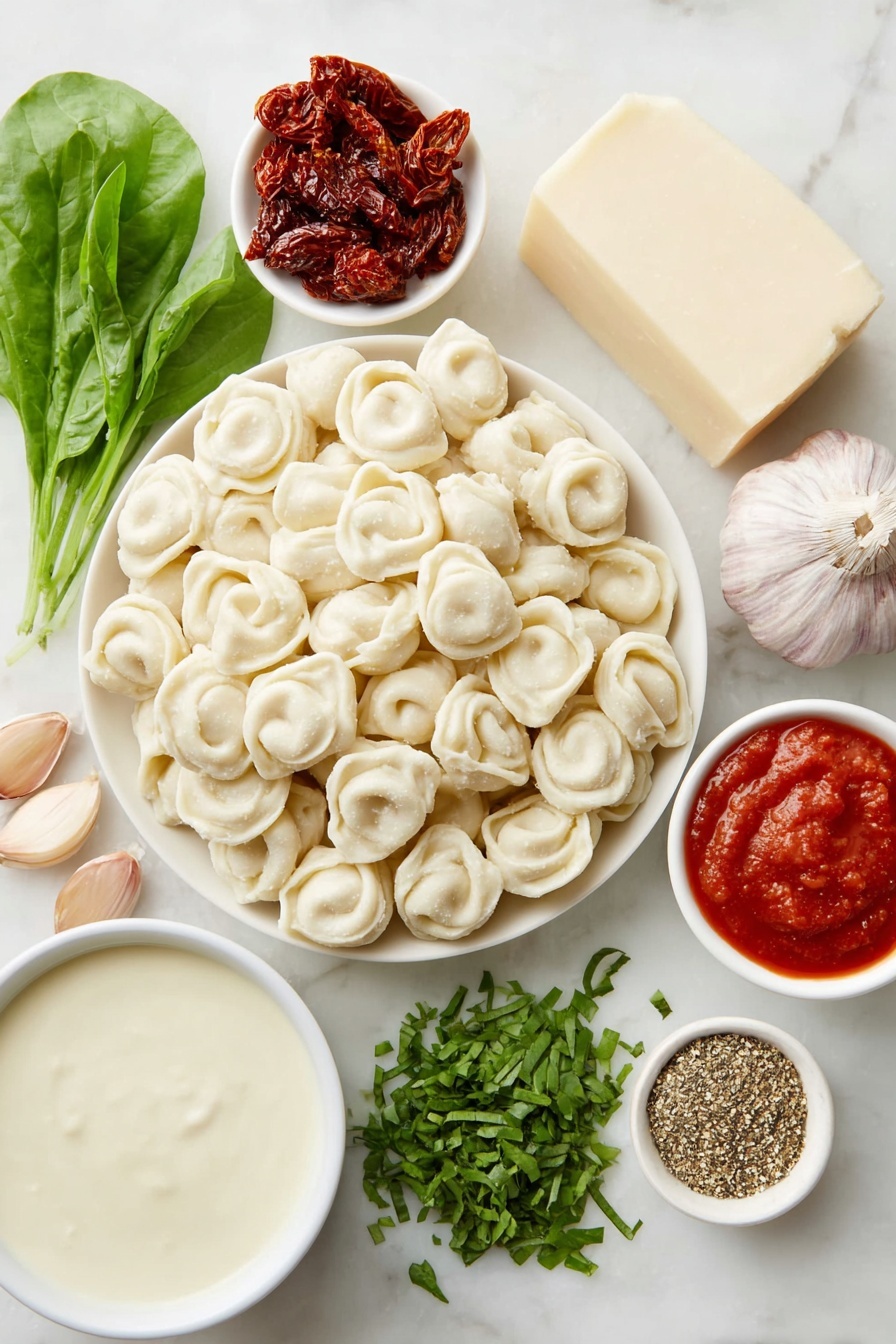 Flat lay of a small mound of fresh spinach and cheese tortellini pasta, a handful of vibrant sun-dried tomatoes with Italian seasoning, a small white bowl of bright orange frozen carrot slices, whole uncracked brown garlic bulbs beside peeled garlic cloves, a sprig of fresh green basil leaves, a small white bowl of smooth red tomato sauce, a small white bowl of creamy heavy cream, a small white bowl filled with golden vegetable broth, a small pile of frozen chopped spinach, a wedge of fresh parmesan cheese with some grated cheese scattered nearby, and a pinch of Italian seasoning herbs sprinkled delicately—all arranged in perfect symmetry on simple white ceramic bowls and plates, placed on a clean white marble surface, soft natural light, photo taken with an iPhone, professional food photography style, fresh ingredients, white ceramic bowls, no bottles, no duplicates, no utensils, no packaging --ar 2:3 --v 7 --p m7354615311229779997