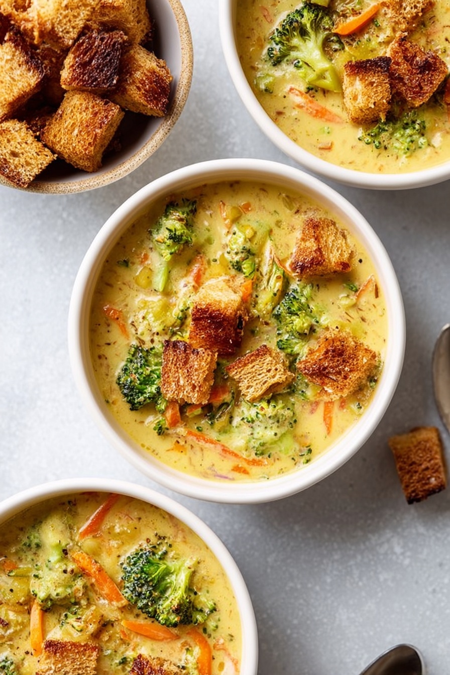 The image shows three white bowls filled with creamy broccoli soup, each bowl containing visible bright green broccoli florets and thin orange carrot strips within the yellowish soup base. On top of the soup, there are clusters of golden-brown crunchy bread pieces adding texture to the dish. One bowl in the upper left corner contains extra pieces of the same crispy bread. The bowls are placed on a white marbled surface with metal spoons beside and inside the bowls. The scene is bright and fresh, highlighting the vibrant vegetable colors and the crumbly golden bread topping, photo taken with an iphone --ar 2:3 --v 7