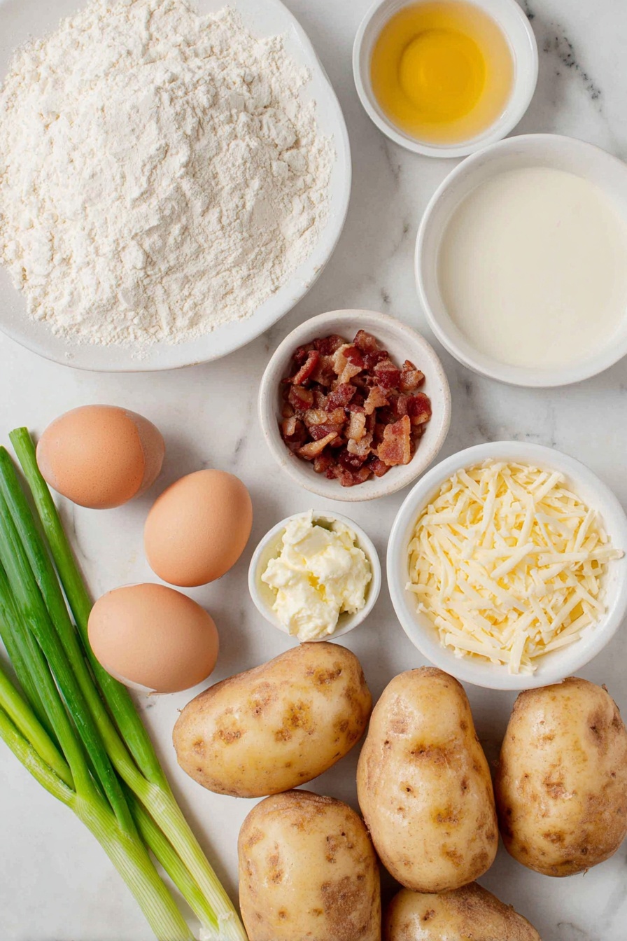 Flat lay of fresh russet potatoes whole and unpeeled, a small pile of chopped crispy bacon, a few whole brown eggs with clean shells, a small white ceramic bowl of all-purpose flour, a bunch of green onions with white and green portions separated and sliced, a small white ceramic bowl of minced garlic cloves, a small white ceramic bowl of low-sodium chicken broth, a small white ceramic bowl of whole 2% milk, fresh cracked black peppercorns and coarse salt piles, a small white ceramic bowl of sour cream, a small white ceramic bowl of shredded sharp cheddar cheese, a small white ceramic bowl of finely grated parmesan cheese, and a small white ceramic bowl of olive oil, arranged in perfect symmetry and realistic proportions, placed on a clean white marble surface, soft natural light, photo taken with an iPhone, professional food photography style, fresh ingredients, white ceramic bowls, no bottles, no duplicates, no utensils, no packaging --ar 2:3 --v 7 --p m7354615311229779997