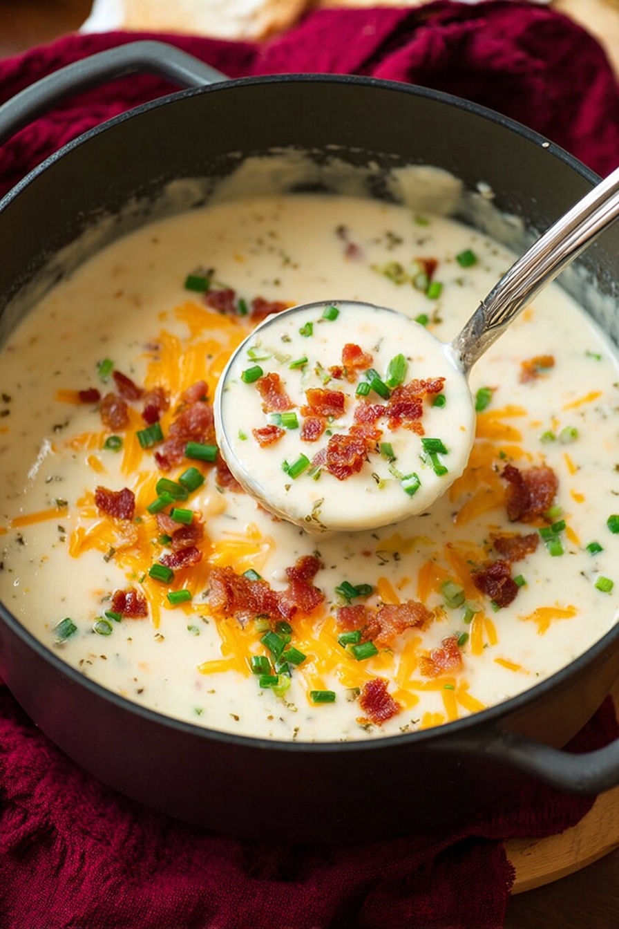 A gray pot filled with thick, creamy white soup with visible small lumps, topped with small pieces of crispy reddish-brown bacon, shredded bright orange cheese, and chopped fresh green onions scattered on the surface. A metal ladle lifts a portion of the soup, showing the same toppings and creamy texture up close. The pot sits on a wooden surface with a deep red cloth in the background against a white marbled texture photo taken with an iphone --ar 2:3 --v 7