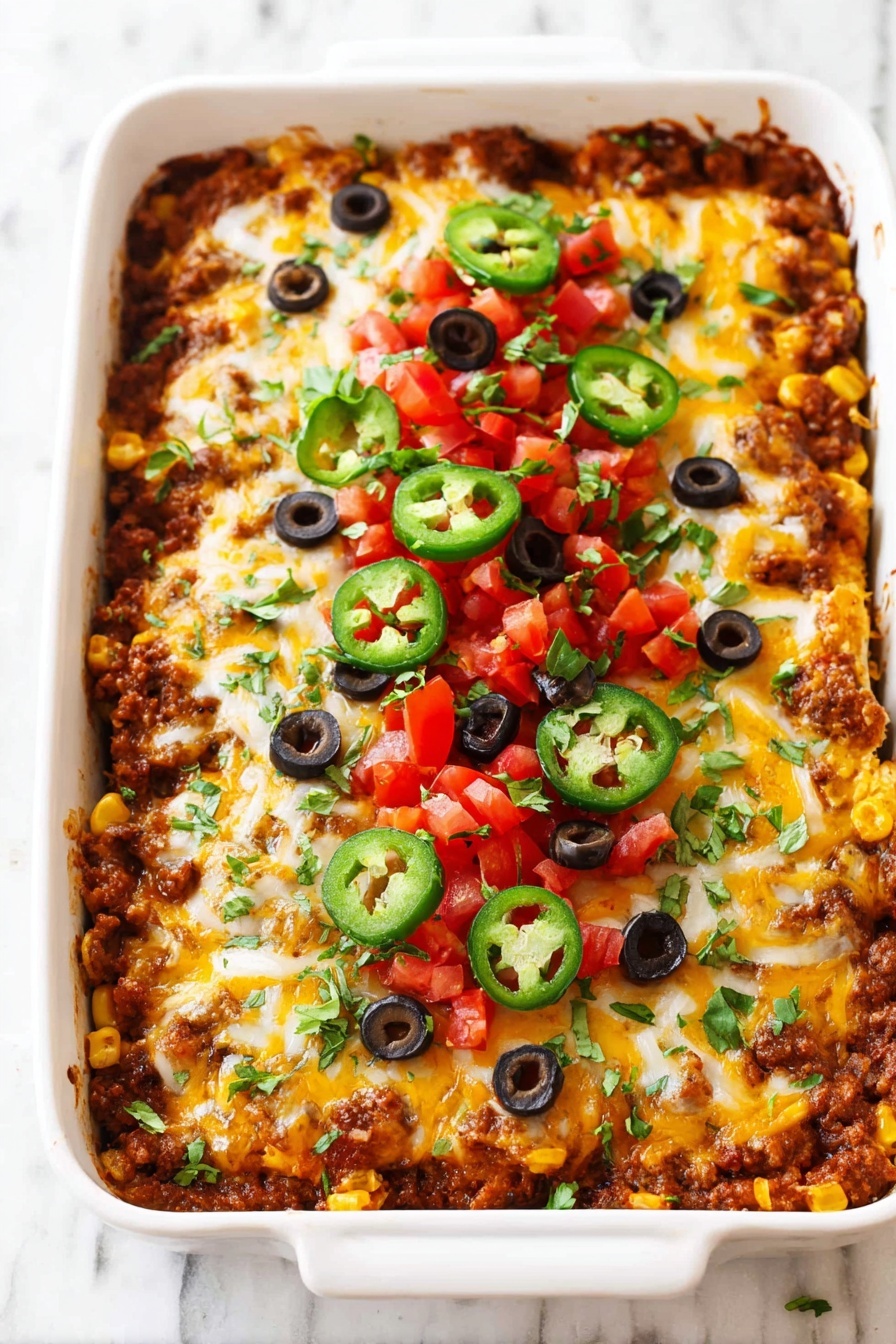 The image shows a white rectangular baking dish filled with a layered Mexican-style casserole. The bottom layer is a mix of cooked ground meat with beans and corn, covered by melted yellow and white cheese. On top, there are sliced black olives, bright green jalapeño rings, and diced red tomatoes scattered in the center, with finely chopped green herbs sprinkled over the entire dish. The edges have a bubbly, slightly browned cheese texture. The dish is set on a white marbled surface. photo taken with an iphone --ar 2:3 --v 7