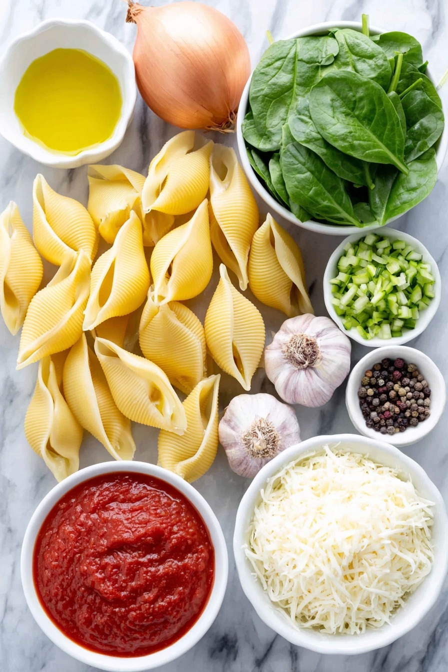 Flat lay of fresh, uncooked jumbo pasta shells arranged neatly, a small white ceramic bowl of golden olive oil, a whole onion with shiny papery skin, two whole uncracked brown garlic bulbs, a small pile of bright orange grated carrots, a small mound of grated green zucchini, a small white bowl filled with fresh chopped green spinach leaves, a small white bowl of creamy white ricotta cheese, a small white bowl with fluffy shredded mozzarella cheese, a small white bowl with finely grated pale yellow Parmesan cheese, fresh green basil sprigs, a small white bowl of vibrant red marinara sauce, coarse salt crystals and whole black peppercorns scattered artistically, all placed on a clean white marble surface, soft natural light, photo taken with an iPhone, professional food photography style, fresh ingredients, white ceramic bowls, no bottles, no duplicates, no utensils, no packaging --ar 2:3 --v 7 --p m7354615311229779997
