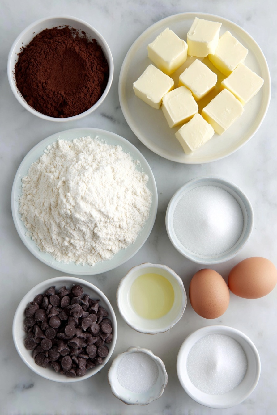 Flat lay of a small mound of all-purpose flour on a simple white ceramic plate, a heap of unsweetened cocoa powder on another white ceramic plate, a small white bowl filled with granulated sugar, a small white bowl filled with light brown sugar, three tablespoons of unsalted butter cut into neat cubes on a white ceramic plate, two whole uncracked brown eggs, two additional whole uncracked egg yolks in a small white bowl, a small white bowl holding smooth vanilla extract, a small white bowl filled with shiny semi-sweet chocolate chips, a small white bowl of granulated sugar for rolling, and a small white bowl of powdered sugar for rolling, all arranged with perfect symmetry on a clean white marble surface, soft natural light, photo taken with an iPhone, professional food photography style, fresh ingredients, white ceramic bowls, no bottles, no duplicates, no utensils, no packaging --ar 2:3 --v 7 --p m7354615311229779997