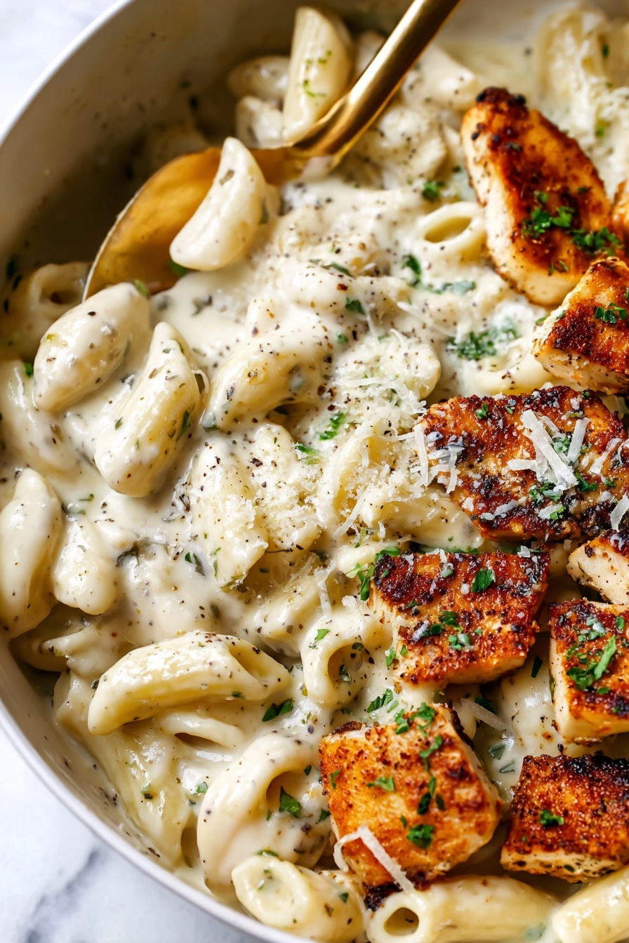 The image shows a close-up of creamy pasta with grilled pieces on the side arranged in a white bowl on a white marbled surface. The pasta is coated in a thick, smooth white sauce with herbs and black pepper visible, giving it a speckled texture. The grilled pieces are golden brown with a slightly crispy look, sprinkled with finely chopped green herbs and a bit of white grated topping. The contrast between the creamy sauce and the browned grilled pieces creates a rich, inviting look. A golden spoon rests partially submerged in the pasta. Photo taken with an iphone --ar 2:3 --v 7