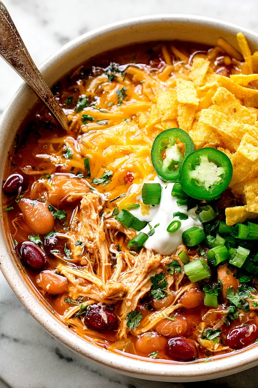 A close-up view of a soup in a white bowl showing a rich broth filled with shredded chicken and mixed red and light brown beans as the base layer. On top, there is a generous layer of shredded yellow cheese with a dollop of white sour cream slightly covered by the cheese. Over this, fresh sliced green onions and chopped green herbs are scattered, along with a bright green jalapeño slice placed near the center. Crushed yellow tortilla chips add texture on top. The bowl is placed on a white marbled surface, and a rustic spoon with a worn handle is partly inside the soup. Photo taken with an iphone --ar 2:3 --v 7