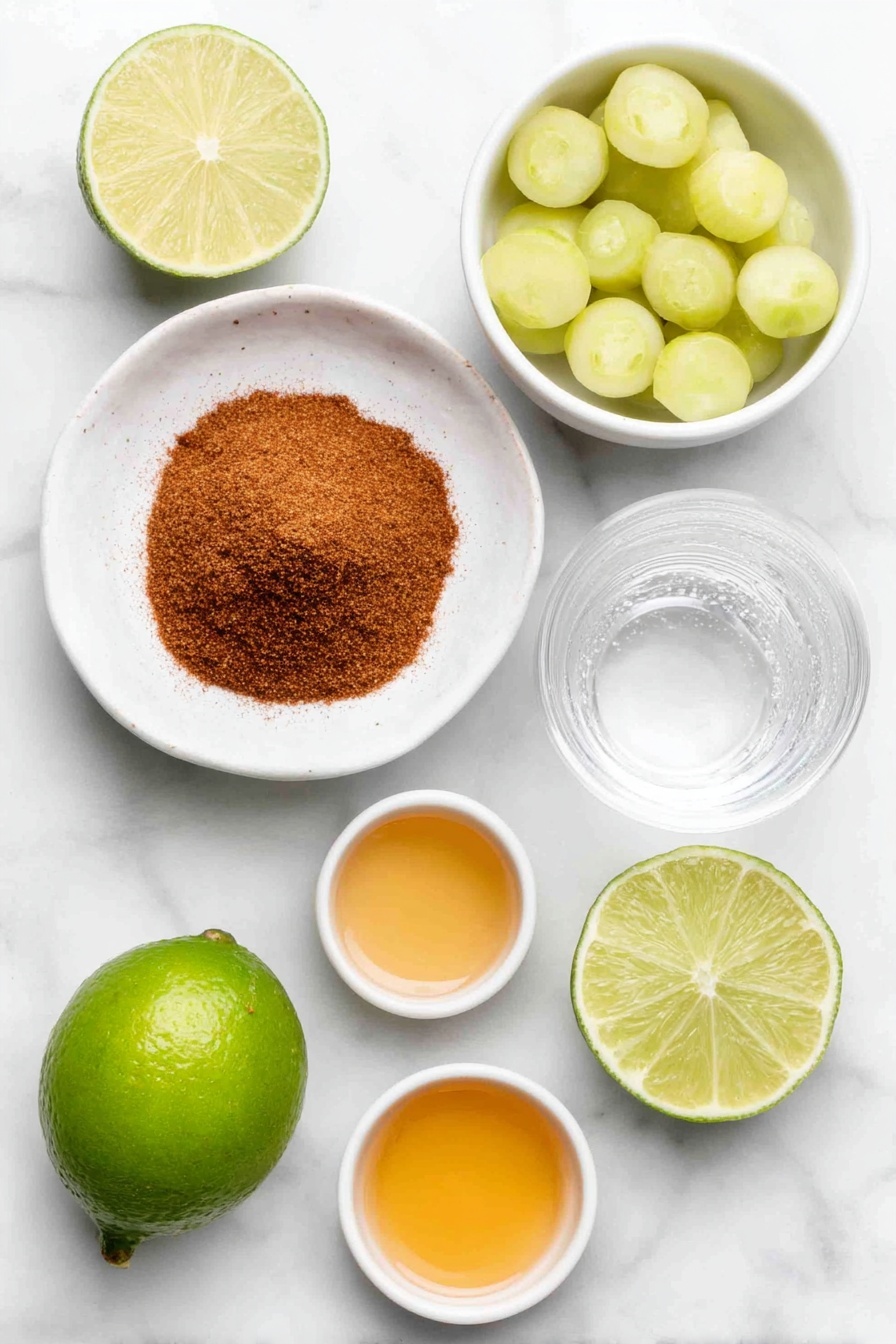 Flat lay of a small mound of reddish-brown Tajín seasoning on a simple white ceramic plate, a small white bowl filled with bright green mini dill pickles, a small white bowl containing clear sparkling water with bubbles, a small white bowl holding golden amber hot honey, a fresh whole lime cut in half showing vibrant green flesh, a clean whole lime sitting beside it, a small white bowl with pale green dill pickle brine, a fresh uncracked brown egg (as a substitute for the cocktail egg white texture), a small white bowl with clear tequila, and a small white bowl filled with orange-hued Cointreau, all arranged symmetrically and balanced on a clean white marble surface, soft natural light, photo taken with an iPhone, professional food photography style, fresh ingredients, white ceramic bowls, no bottles, no duplicates, no utensils, no packaging --ar 2:3 --v 7 --p m7354615311229779997