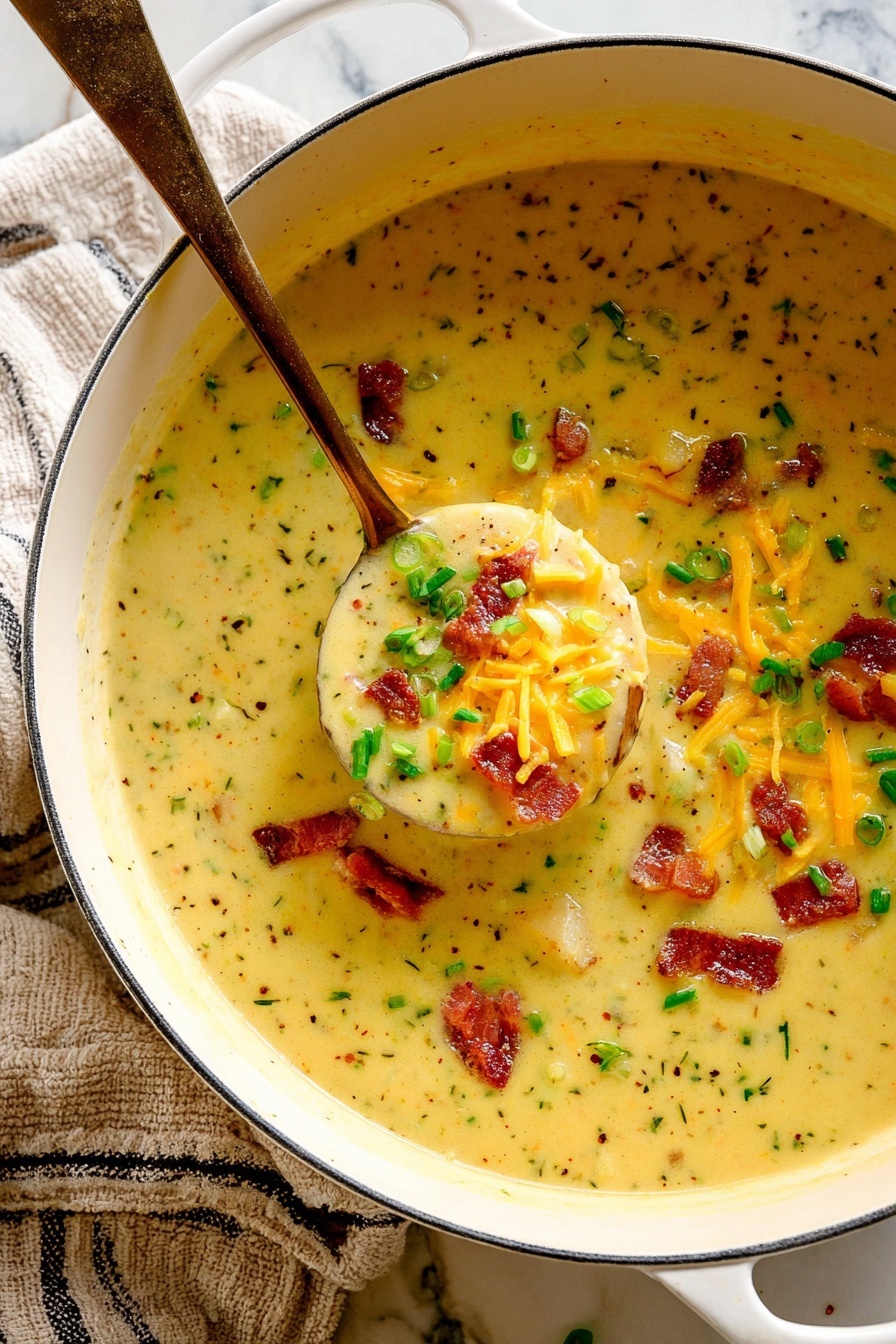 A large white pot filled with thick, creamy yellow soup speckled with tiny bits of herbs and spices. On top, there are small pieces of crispy reddish-brown bacon and bright green chopped spring onions scattered across the surface. Golden-yellow shredded cheese is sprinkled unevenly on the soup, adding texture and color. A bronze spoon lifts some of the soup, showing chunks of potato and bacon inside the rich broth. The pot sits on a white marbled surface with a soft textured towel and a striped cloth nearby. Photo taken with an iphone --ar 2:3 --v 7
